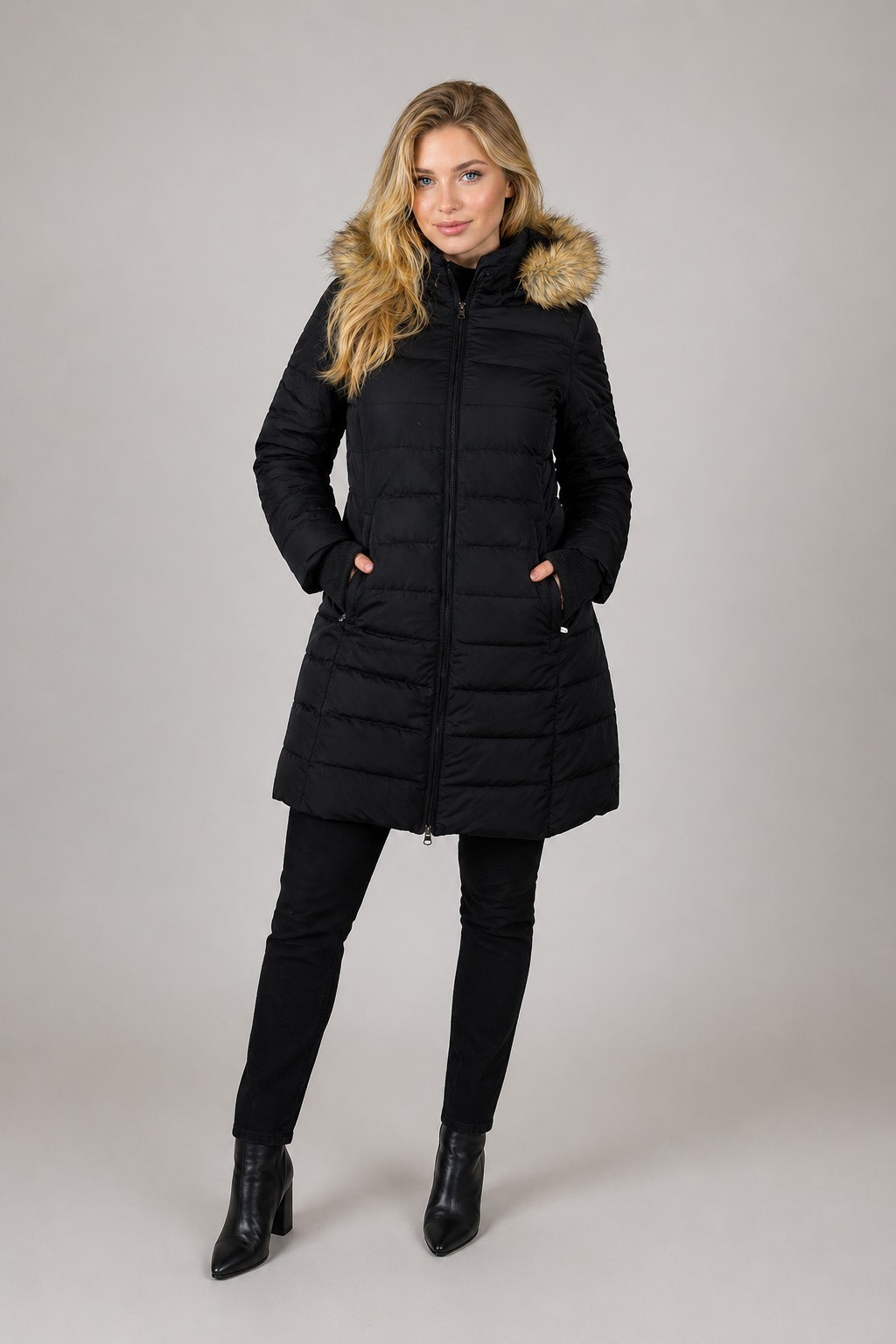 LOLE Black Down Long Faux Fur Trim Hooded Puffer Long Parka Coat Jacket Women L