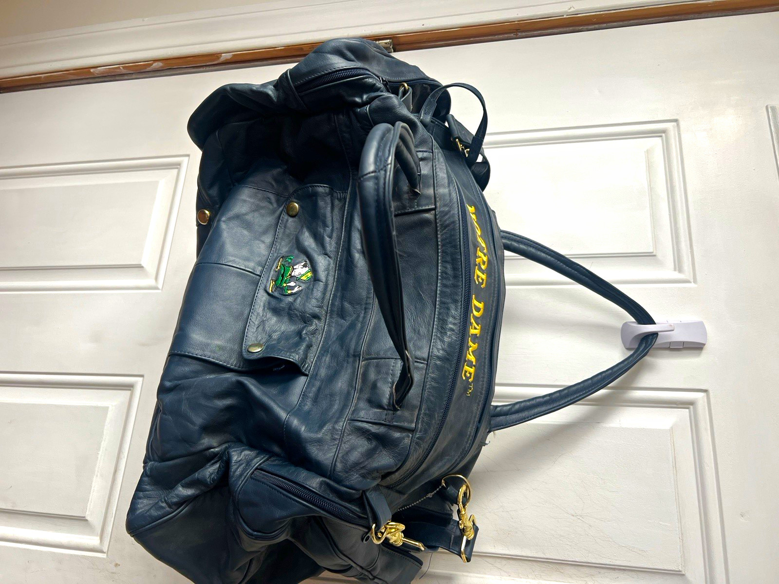 Vintage Notre Dame Duffel Bag Travel Weekender Navy / Blue Leather 