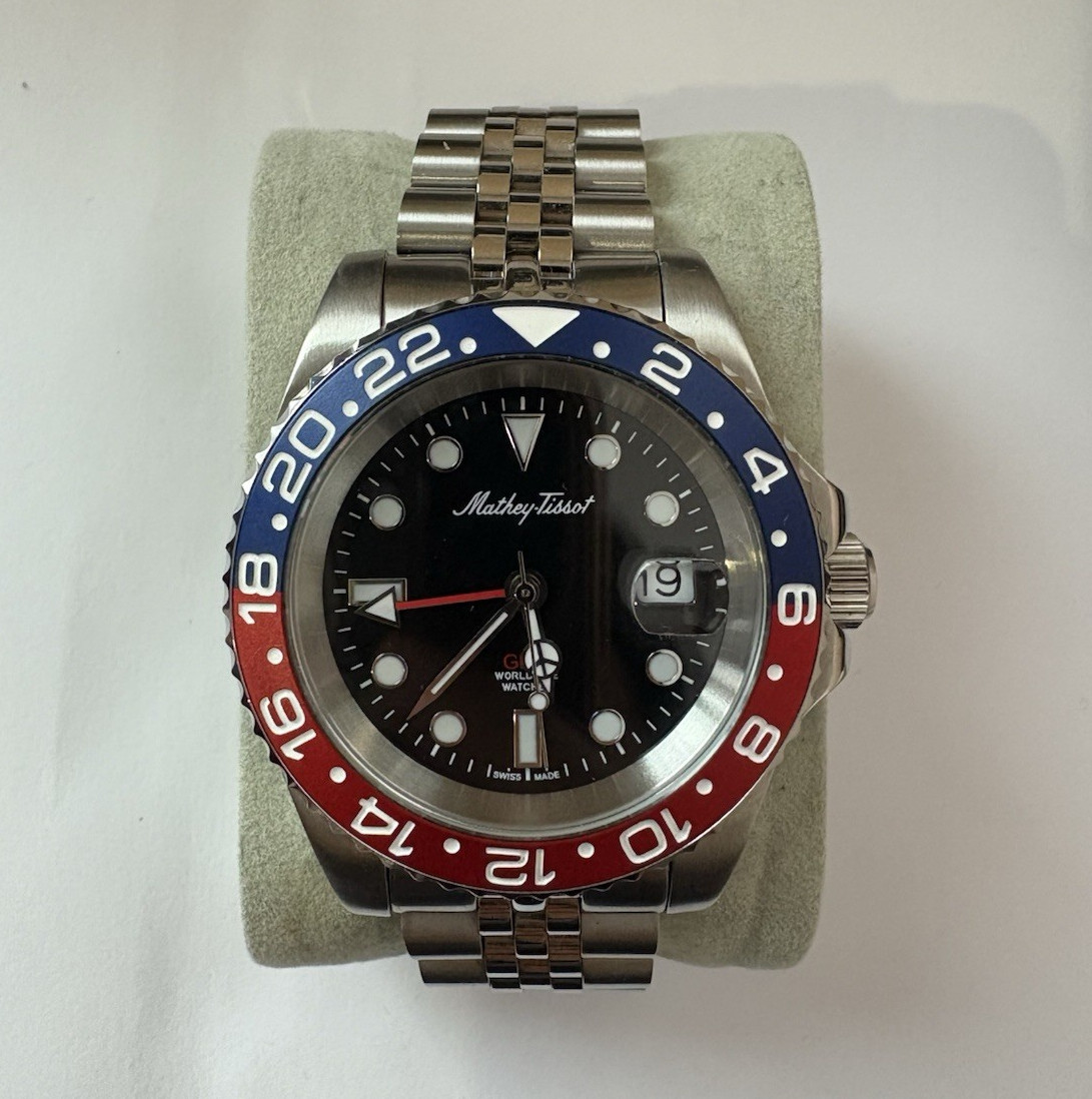 Mathey-Tissot Mathy Vintage GMT H903 Pepsi Bezel 42mm Swiss Watch Box + Links
