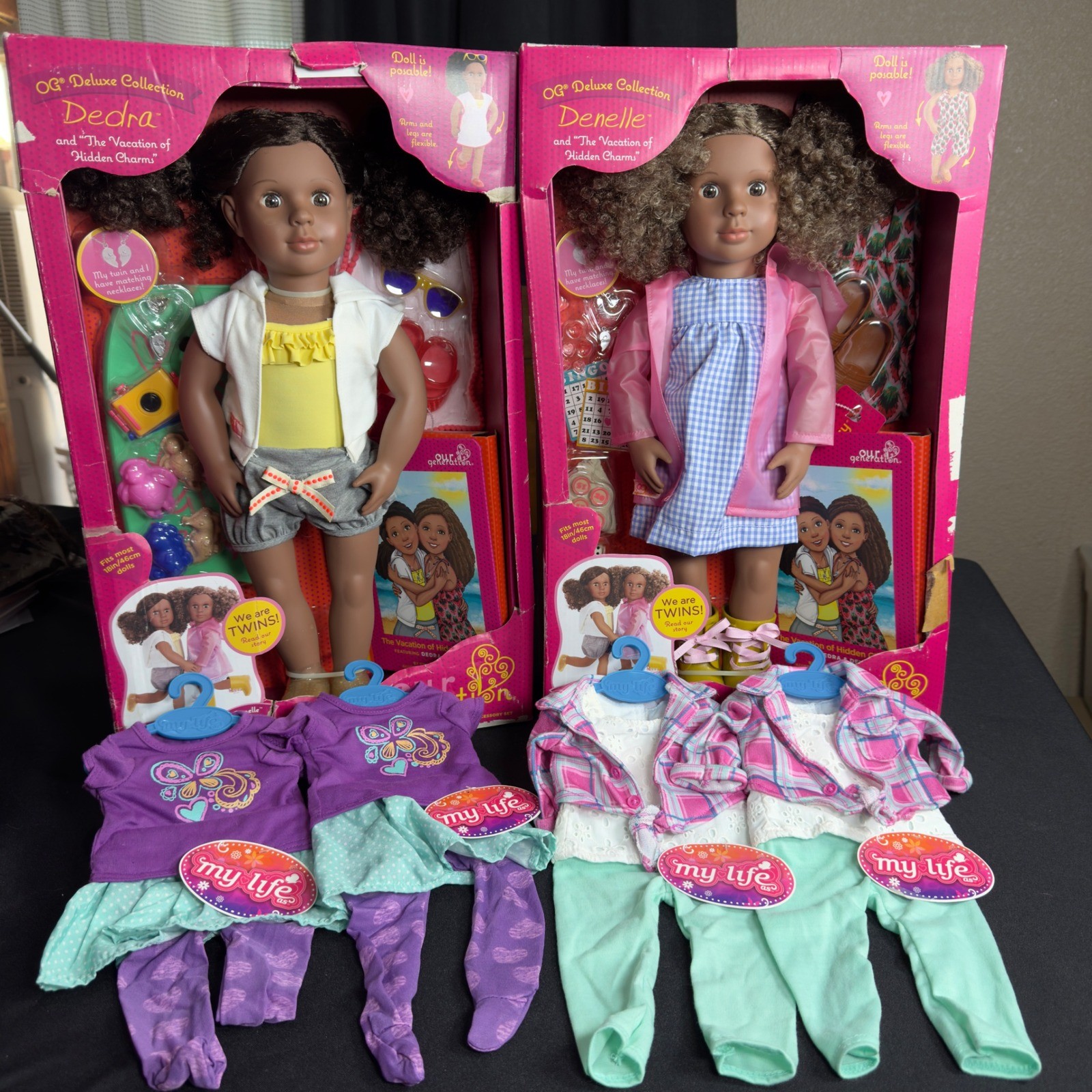 Our Generation Dedra Denelle Twin Dolls 18in Deluxe Set with 4 My Life Outfits