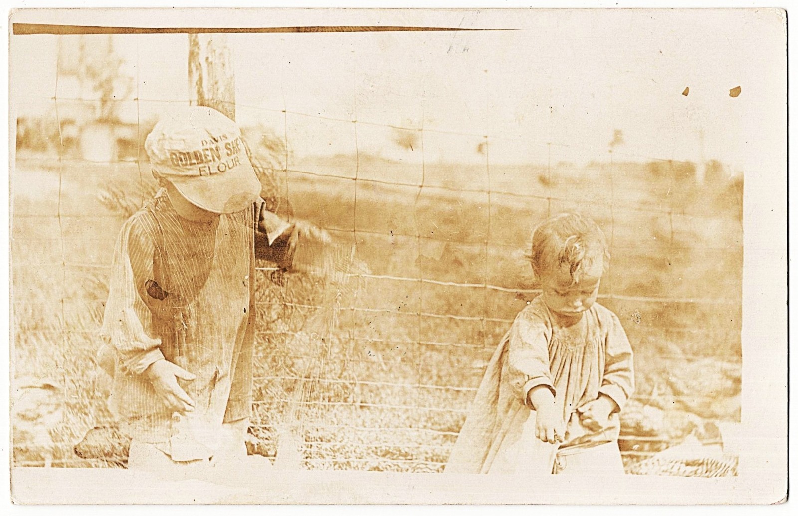 real photo Children Davis Golden Flour Hat Barbed Wire antique postcard RPPC