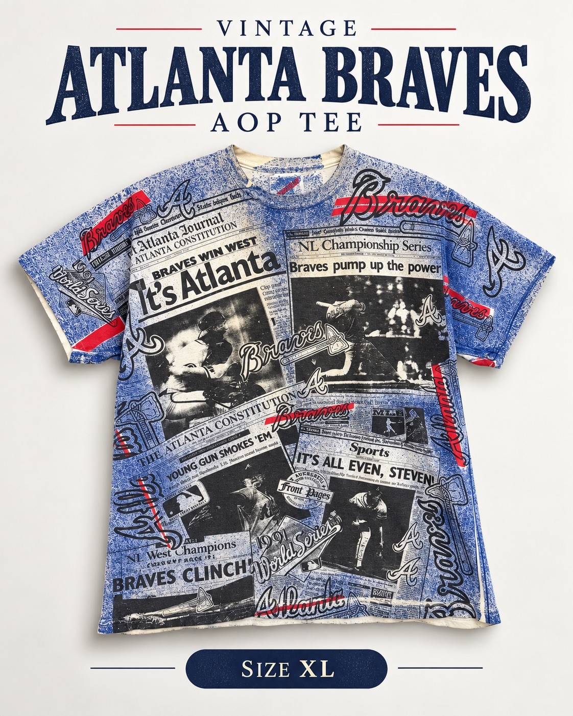 JERZEES Vintage Atlanta Braves AOP All Over Print T-Shirt XL MLB Baseball