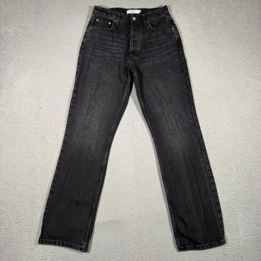 Topshop Kort Jeans Womens 28x33 Black Straight Fit Button Fly Casual Preppy Logo