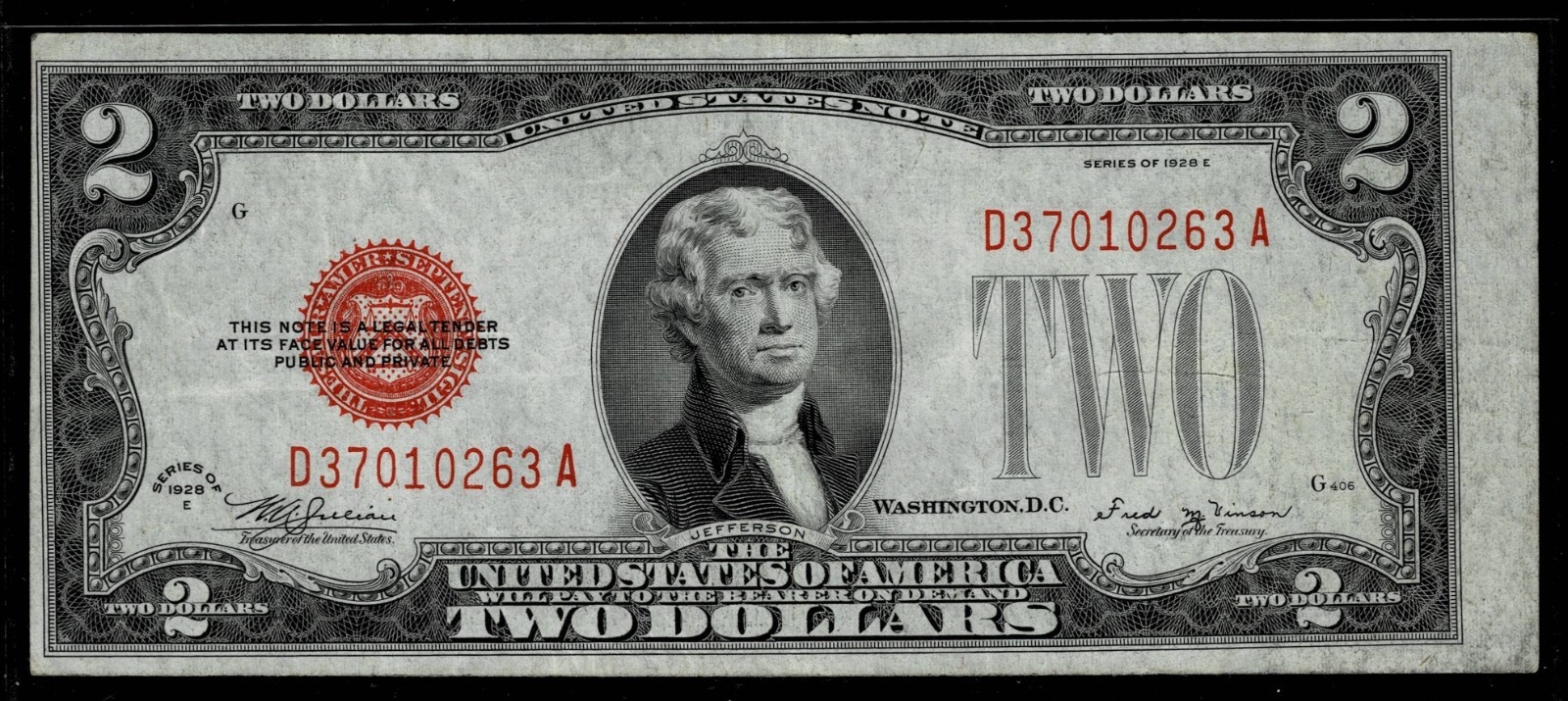 Misalignment Error 1928-E  $2 RED SEAL UNITED STATES NOTE ~EXTREMELY FINE