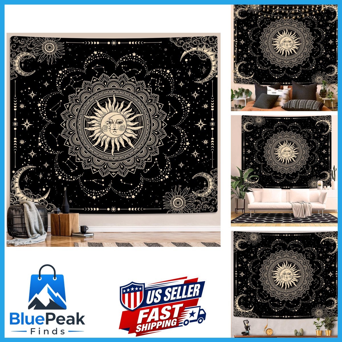 ARTCREATOR Sun and Moon Tapestry Black Golden Mandala 70\ ARTCREATOR Sun and Moon Tapestry Black Golden Mandala 70\