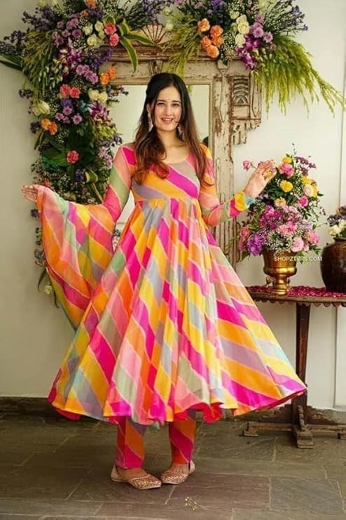 MultiColour Anarkali Gown Set with Dupatta | Indian Lehriya Print MultiColour Anarkali Gown Set with Dupatta | Indian Lehriya Print
