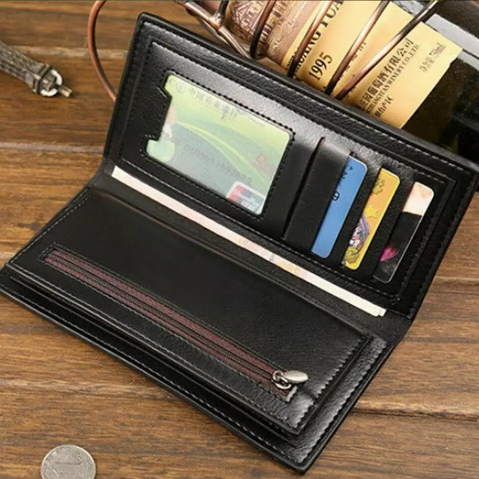 Cartera Larga Plegable de Cuero Soporte de Tarjeta ID Billetera para Hombres