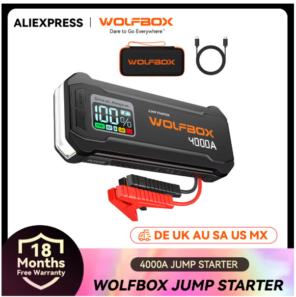 WOLFBOX JS24 4000A Portable Jump Starter Battery Pack Power Bank 24000mAh 