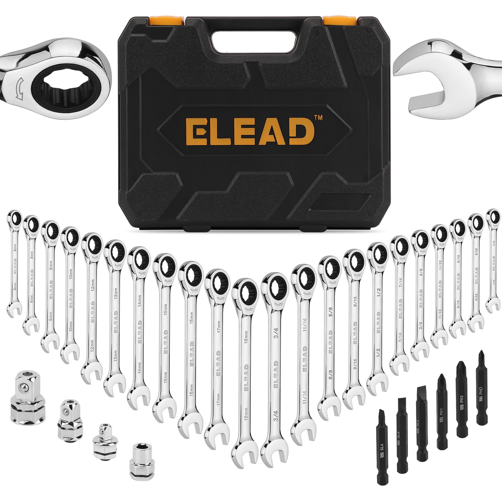 32PC Combination Ratchet Wrench Set SAE & Metric 72-Tooth Adapter Organizer Case