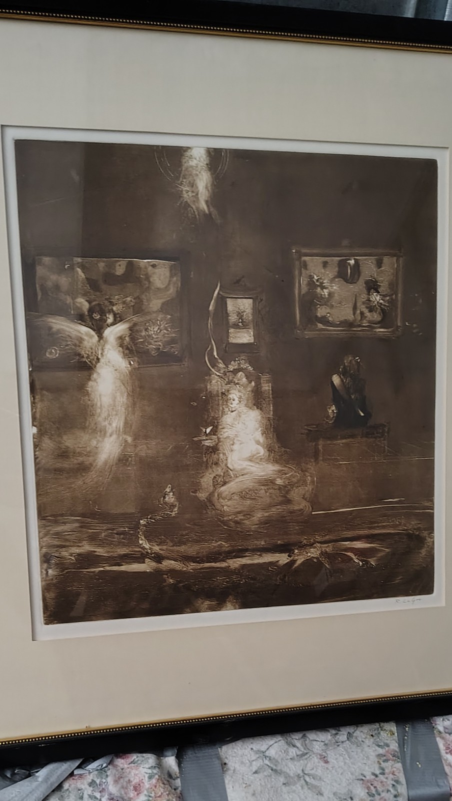 Randall LaGro Signed Original Monotype Print Surreal Interior Winged Figure