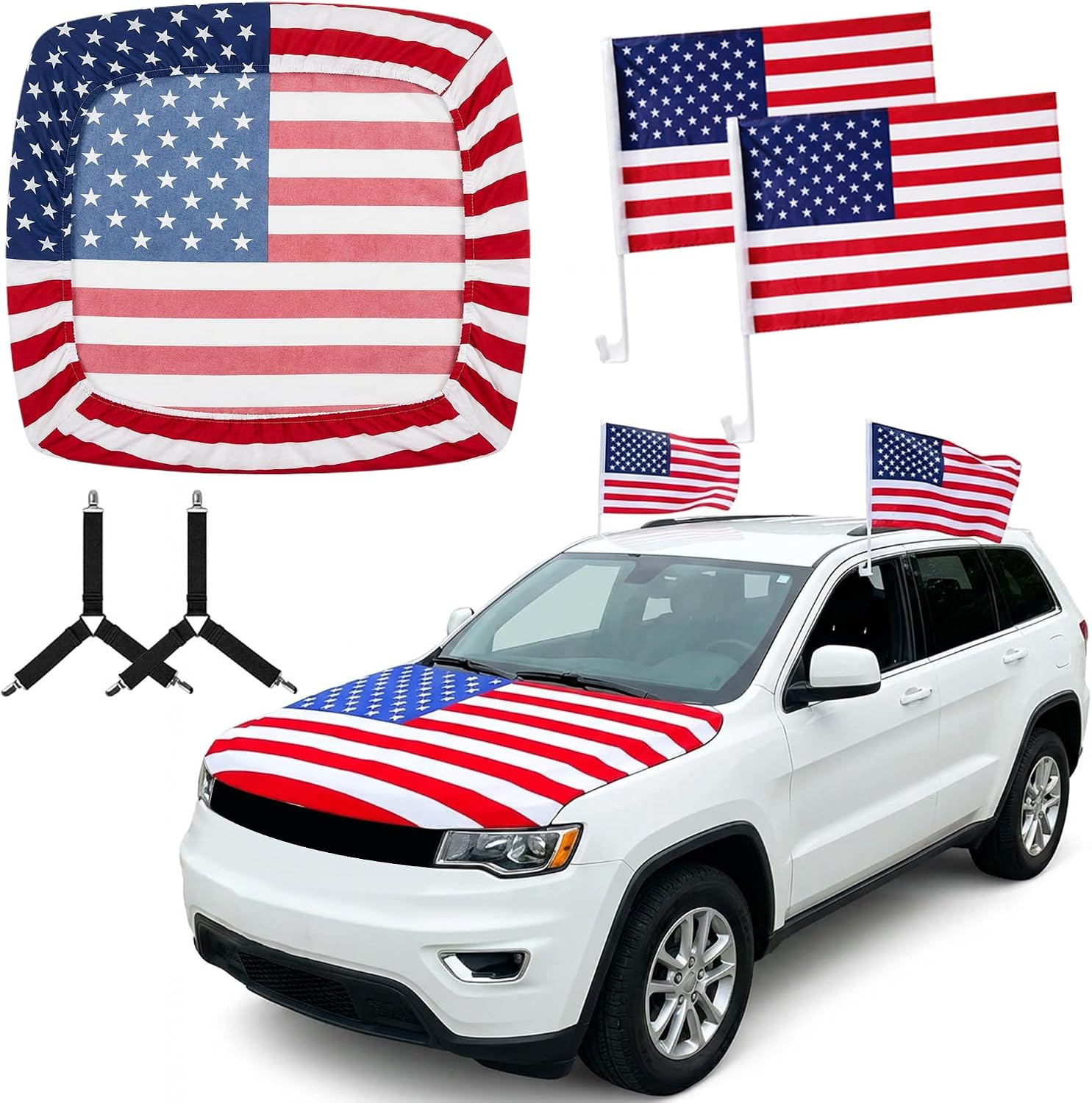 American Flag Car Hood Cover Set, 63 x 47 Inch Universal USA Flag Hood Wrap with