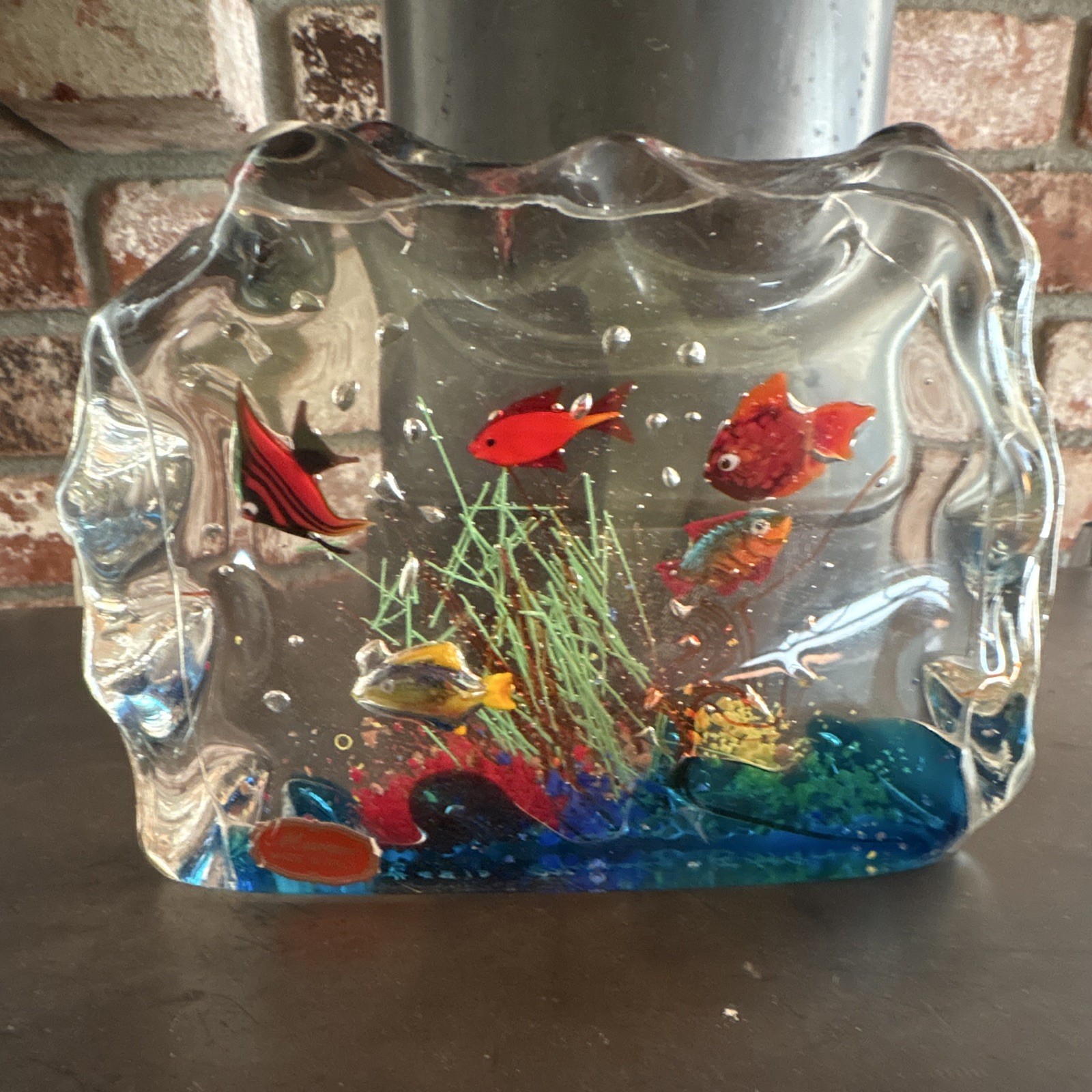 Vintage Murano Glass 6 Fish Aquarium Block Paperweight Ferro Lazzarini #6813