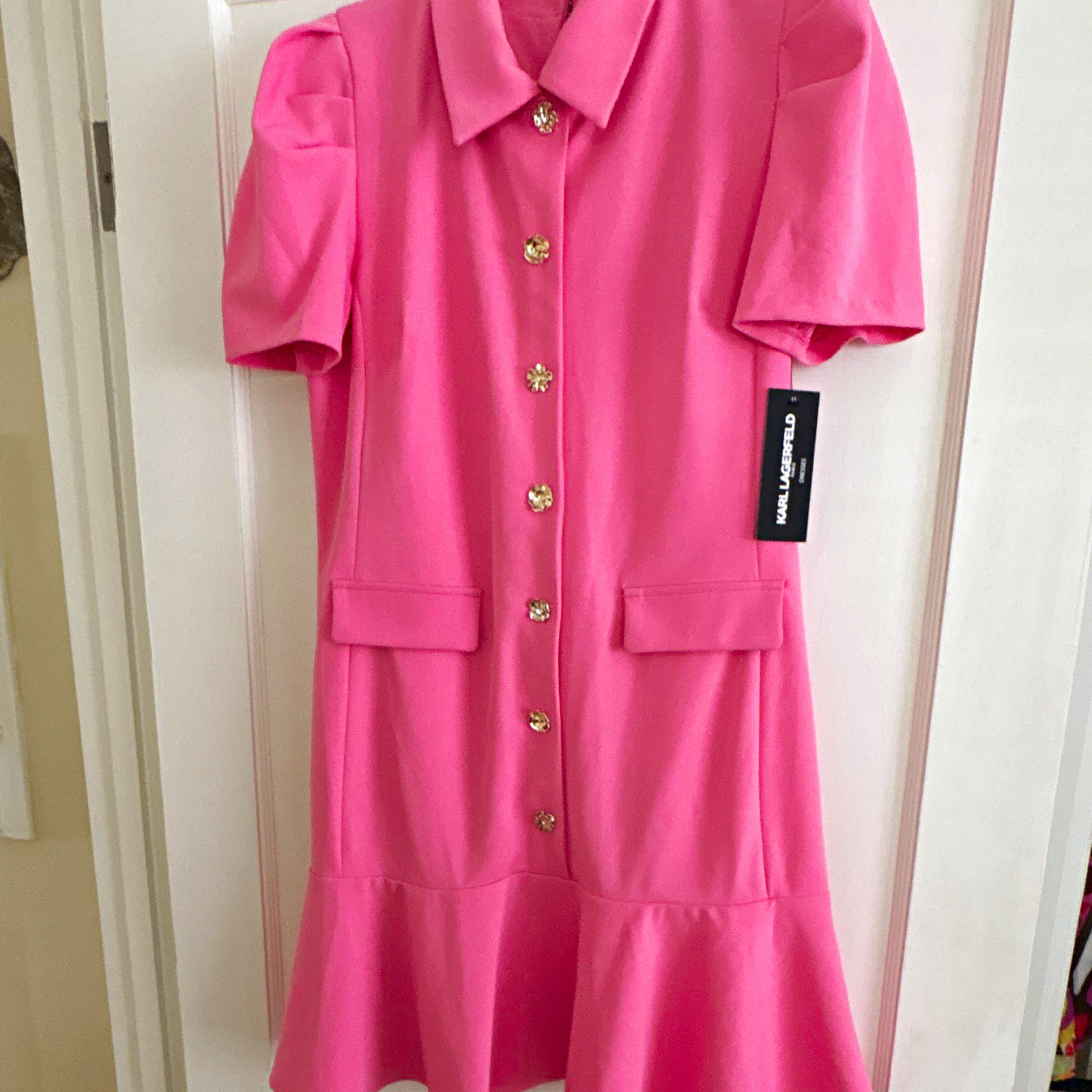 NWT Karl Lagerfeld Pink Collared Short Sleeve Button Dress Size 12 Adorable on