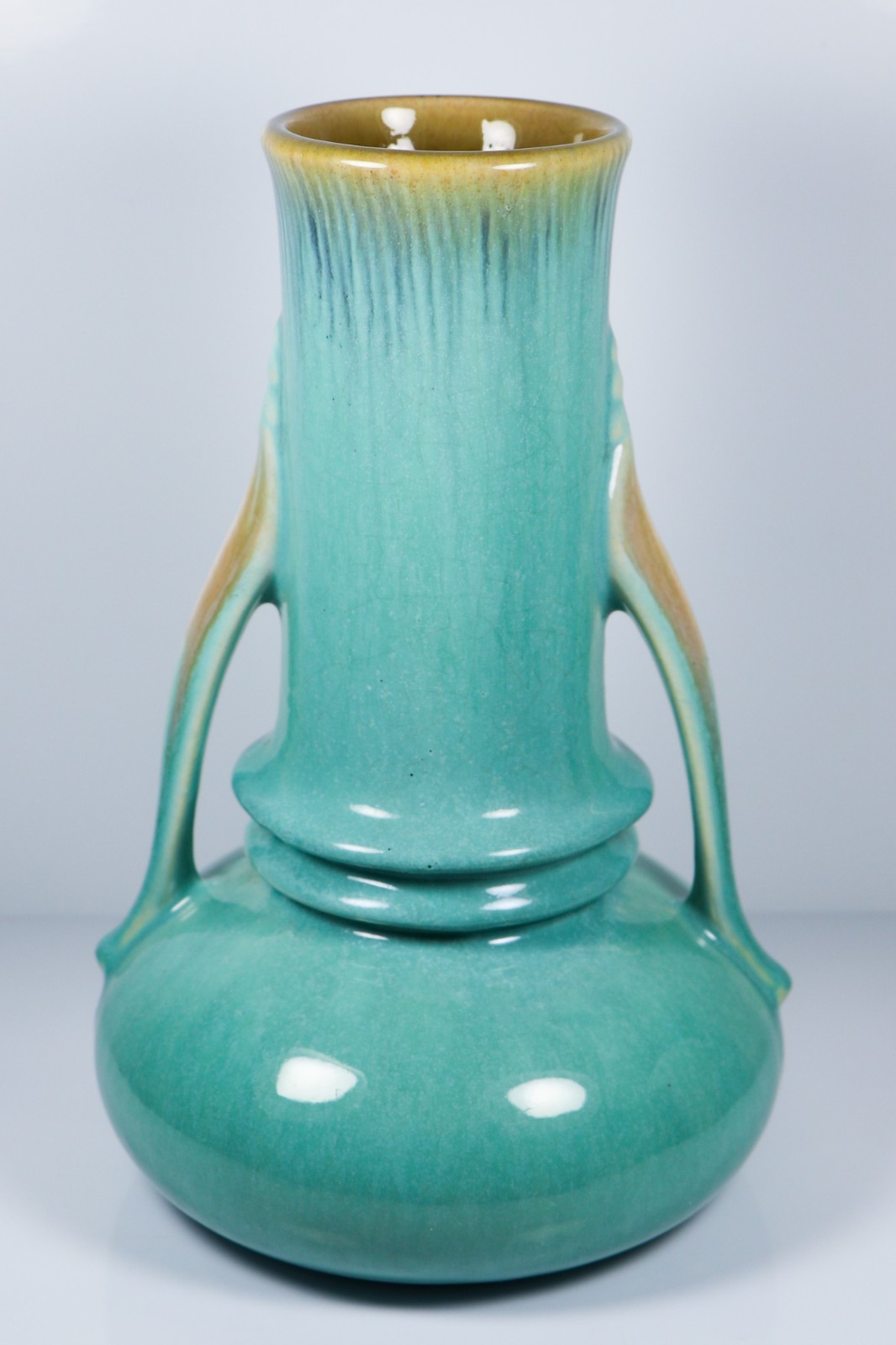 1935 Roseville Art Pottery Turquoise Orian Turtleneck Vase #735-7