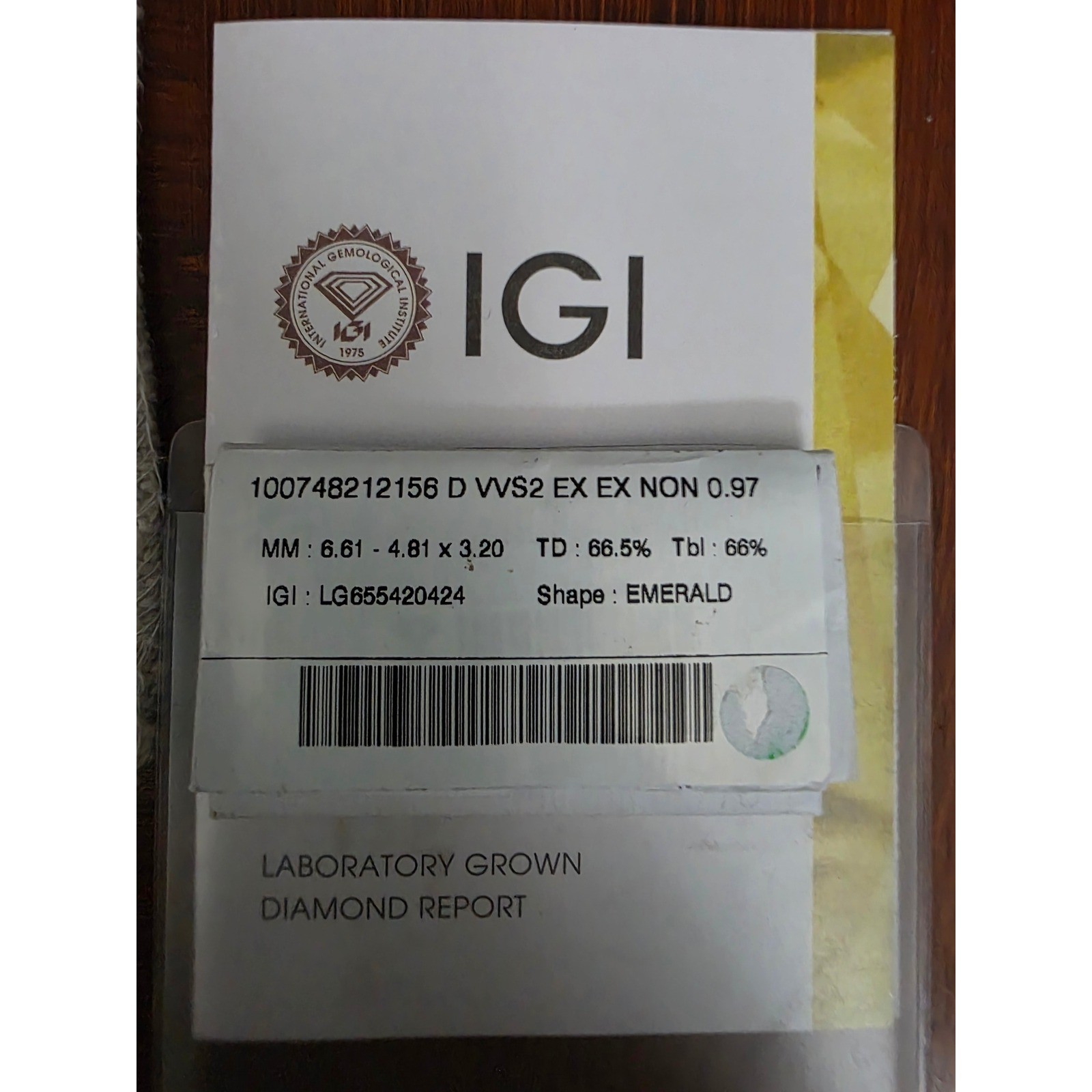 0.97ct Emerald Cut Lab Grown Diamond DVVS2 IGI Certified Loose Stone LG655420424