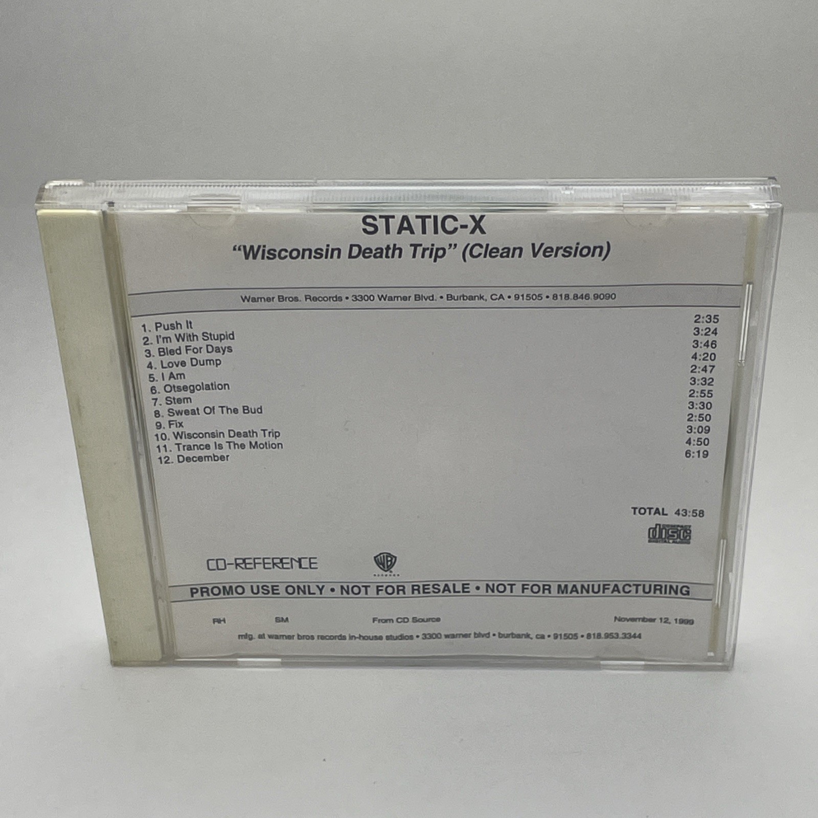 Static-X Wisconsin Death Trip (Clean Version) Promotional CD Reference Nu Metal