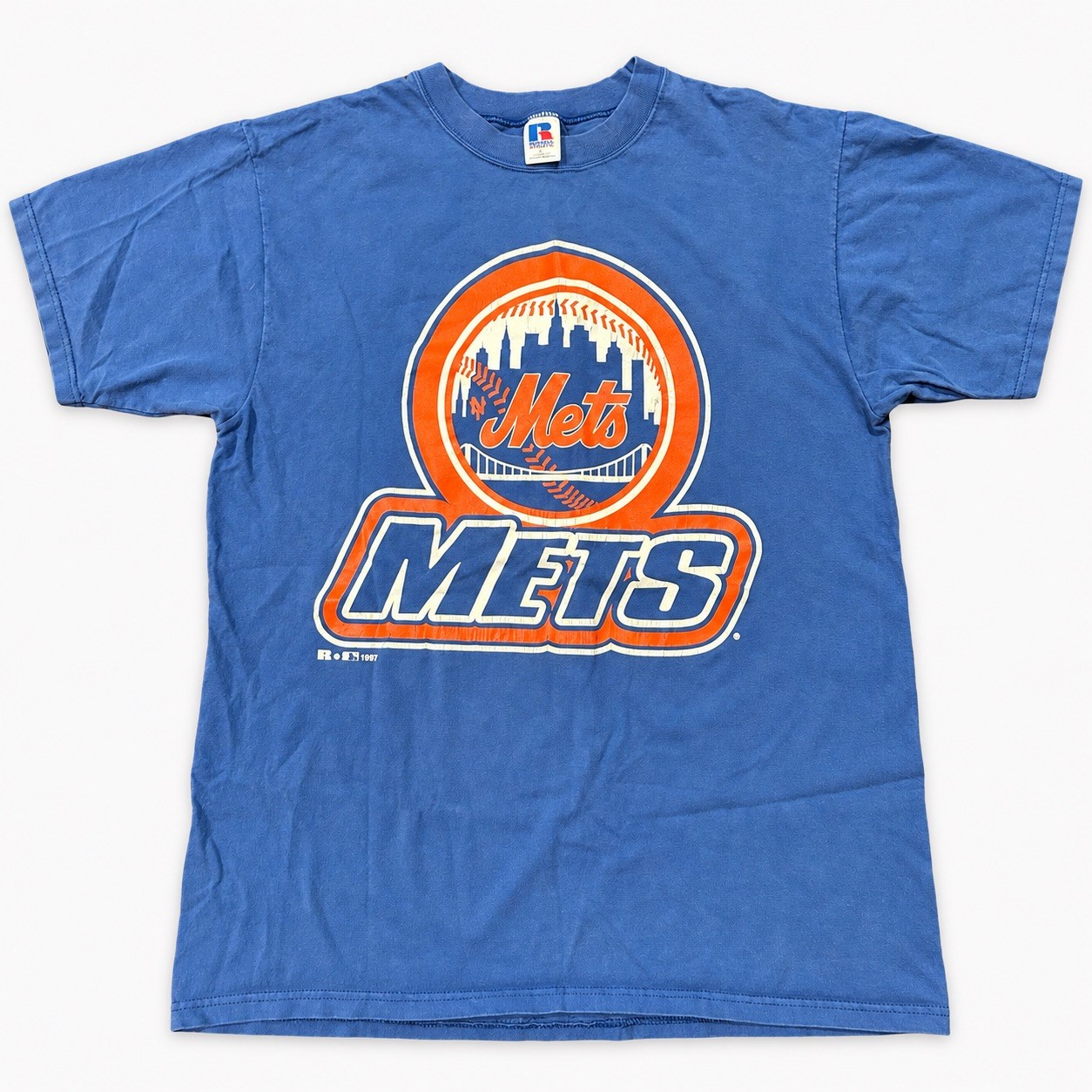 Vintage New York Mets T-Shirt Mens 90s Faded Blue Graphic Print Vintage New York Mets T-Shirt Mens 90s Faded Blue Graphic Print