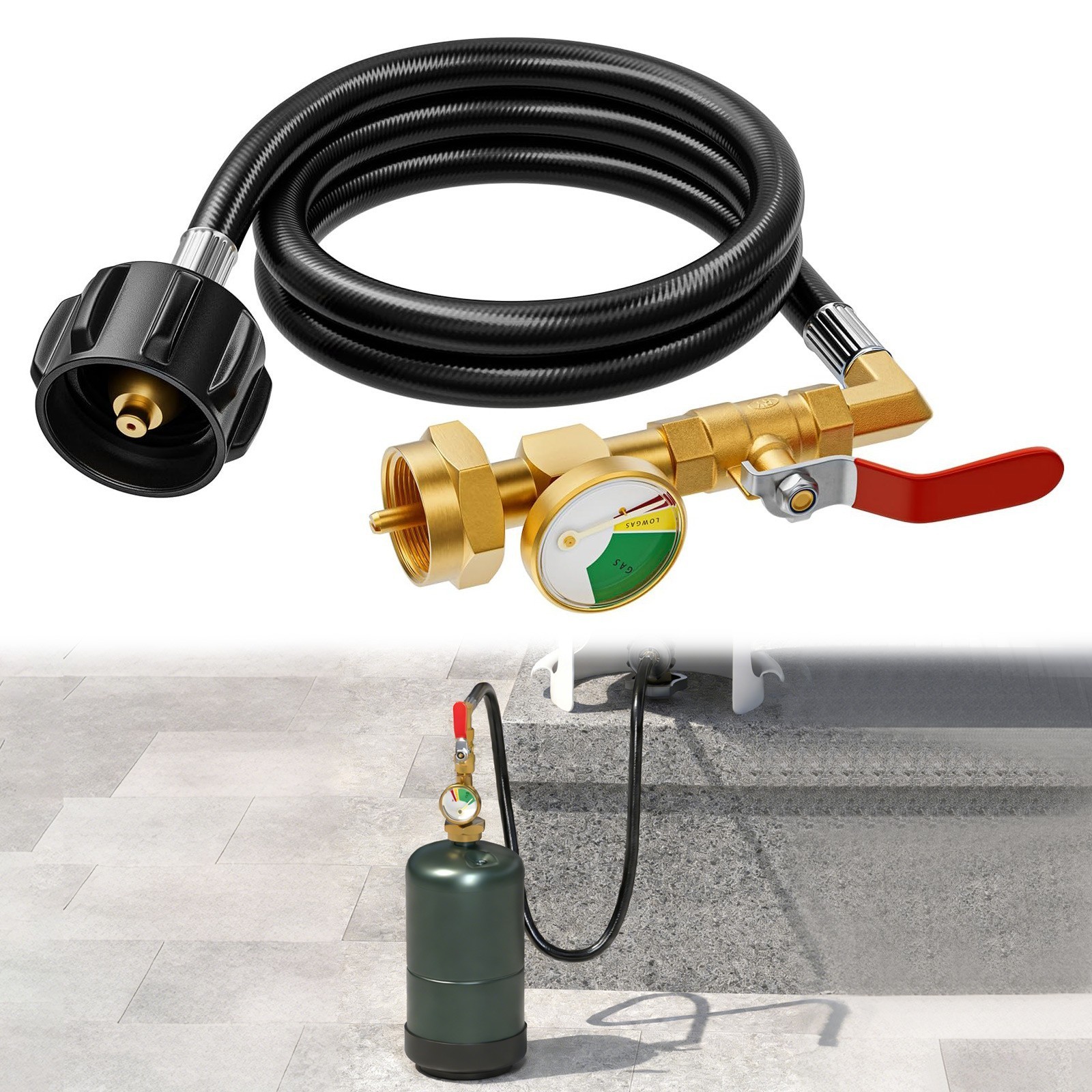 3FT Brass Propane Refill Adapter Hose Gauge Valve QCC1 20lb to 1lb Tank w/ Gauge 3FT Brass Propane Refill Adapter Hose Gauge Valve QCC1 20lb to 1lb Tank w/ Gauge