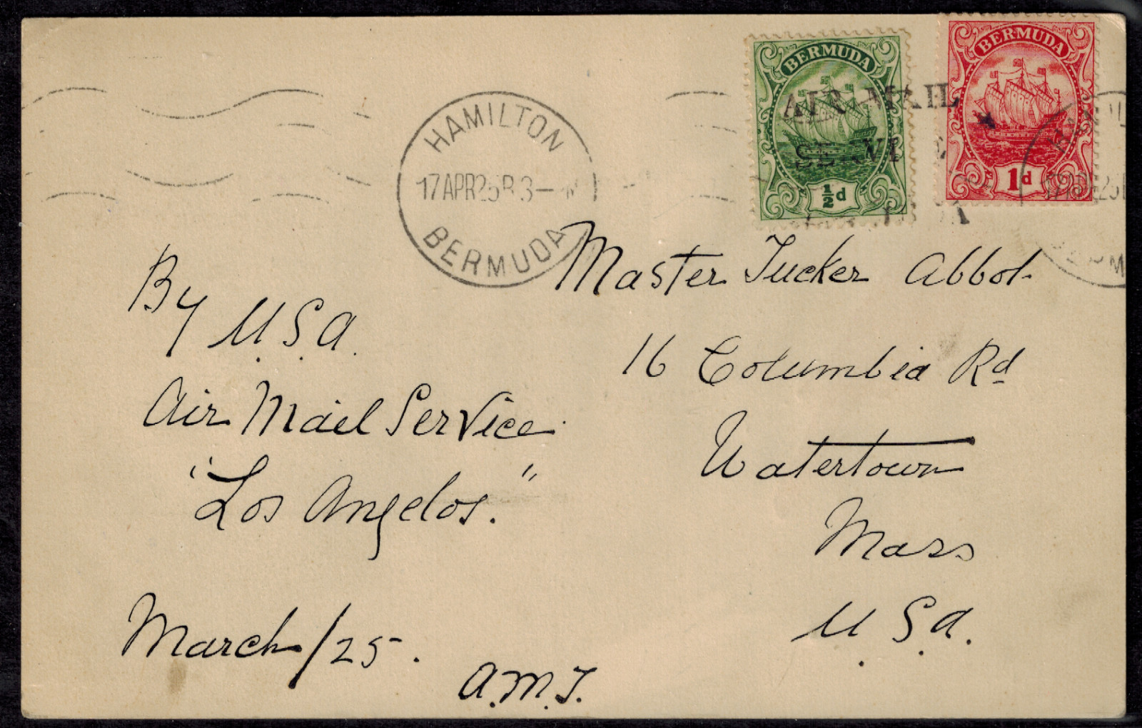 Bermuda 1925 Picture Postcard w/ AIR MAIL SERVICE BERMUDA H/S Cancelling Stamp