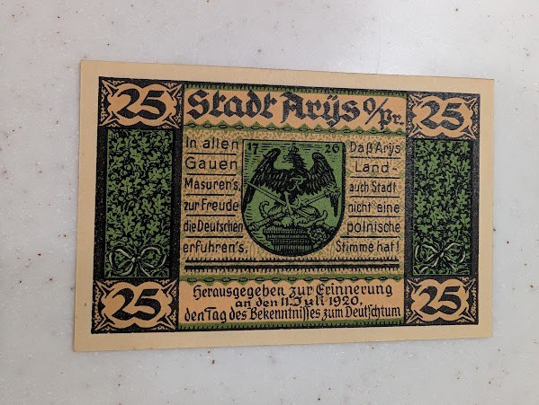 1920 ARYS EAST PRUSSIA POLAND 25 PFENNIG NOTGELD BANKNOTE BILL CURRENCY