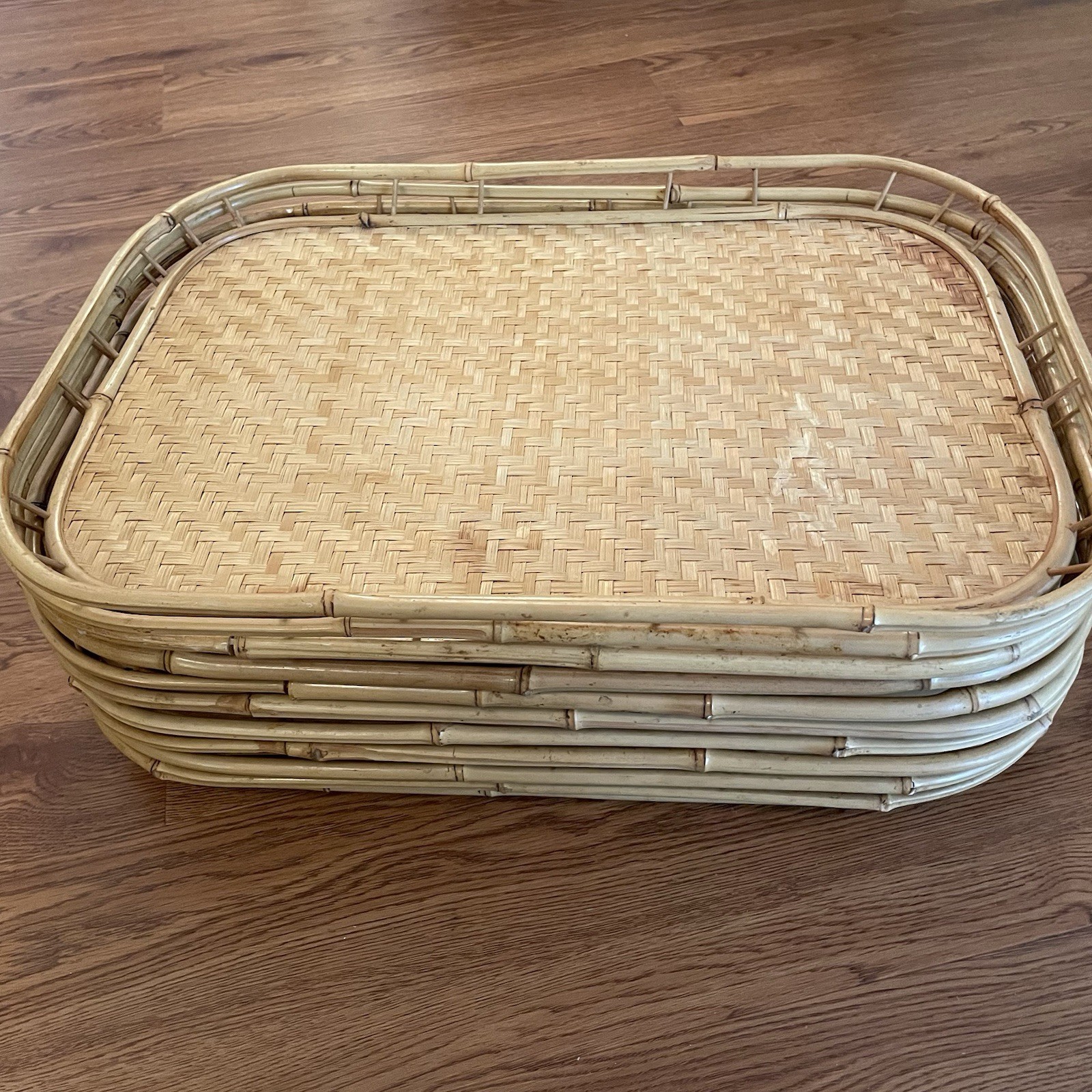 Vtg Mid-Century Bamboo & Rattan Stacking Serving Trays - Set of 10 Boho Tiki Lap