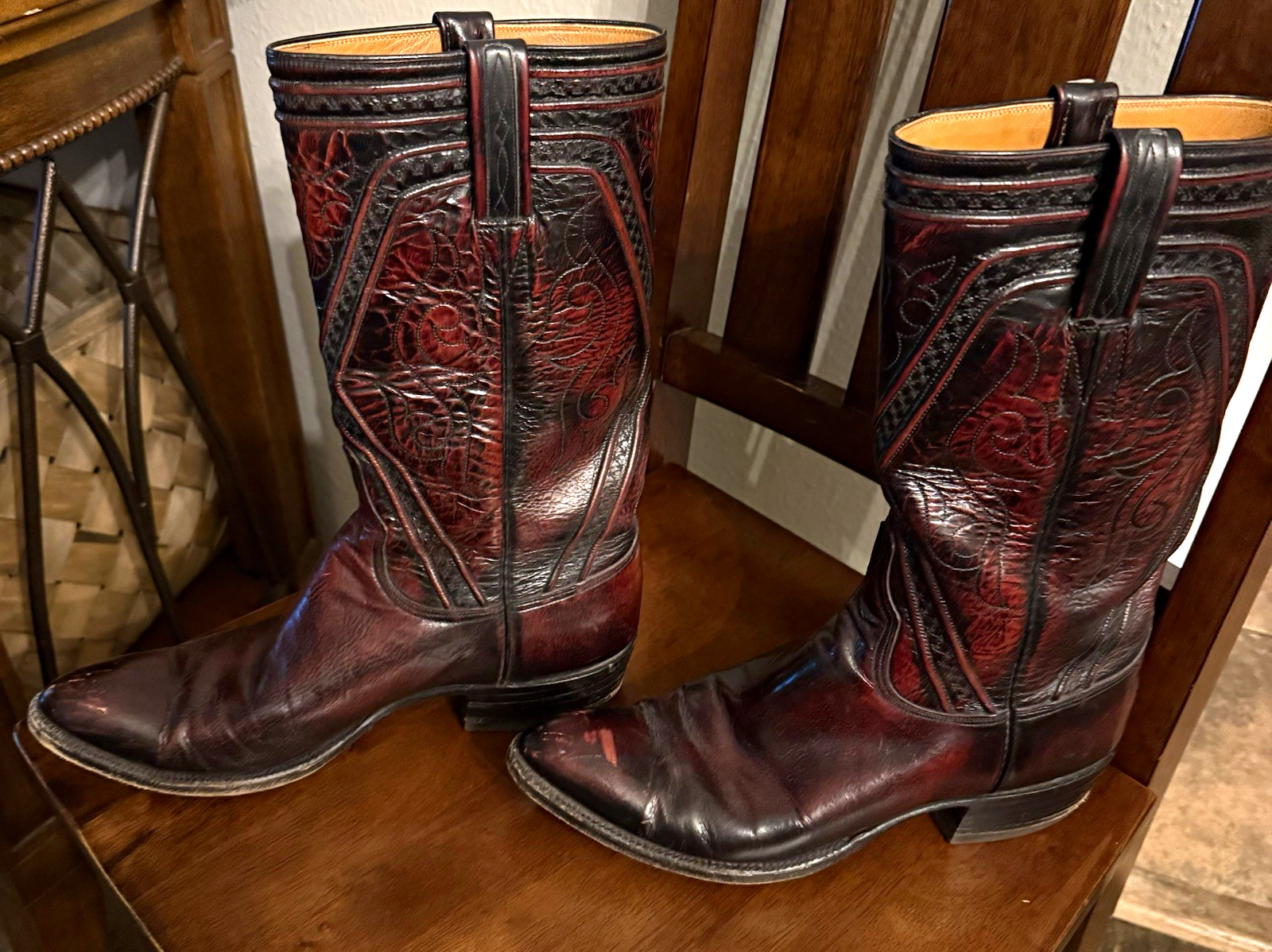Lucchese vintage black cherry boots in the classic stove pipe style. US Size 9 Lucchese vintage black cherry boots in the classic stove pipe style. US Size 9