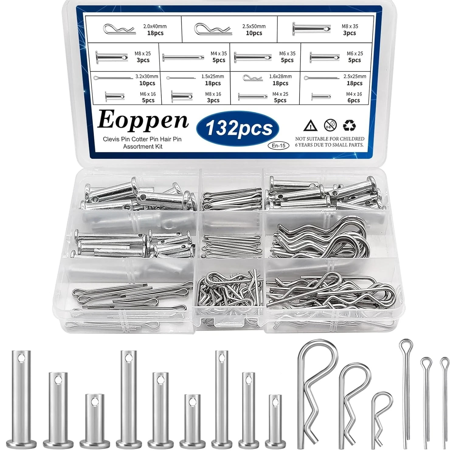 132Pcs Clevis Pin Cotter Pin Hair Pin Assortment Kit - 304 Stainless Steel 15 132Pcs Clevis Pin Cotter Pin Hair Pin Assortment Kit - 304 Stainless Steel 15