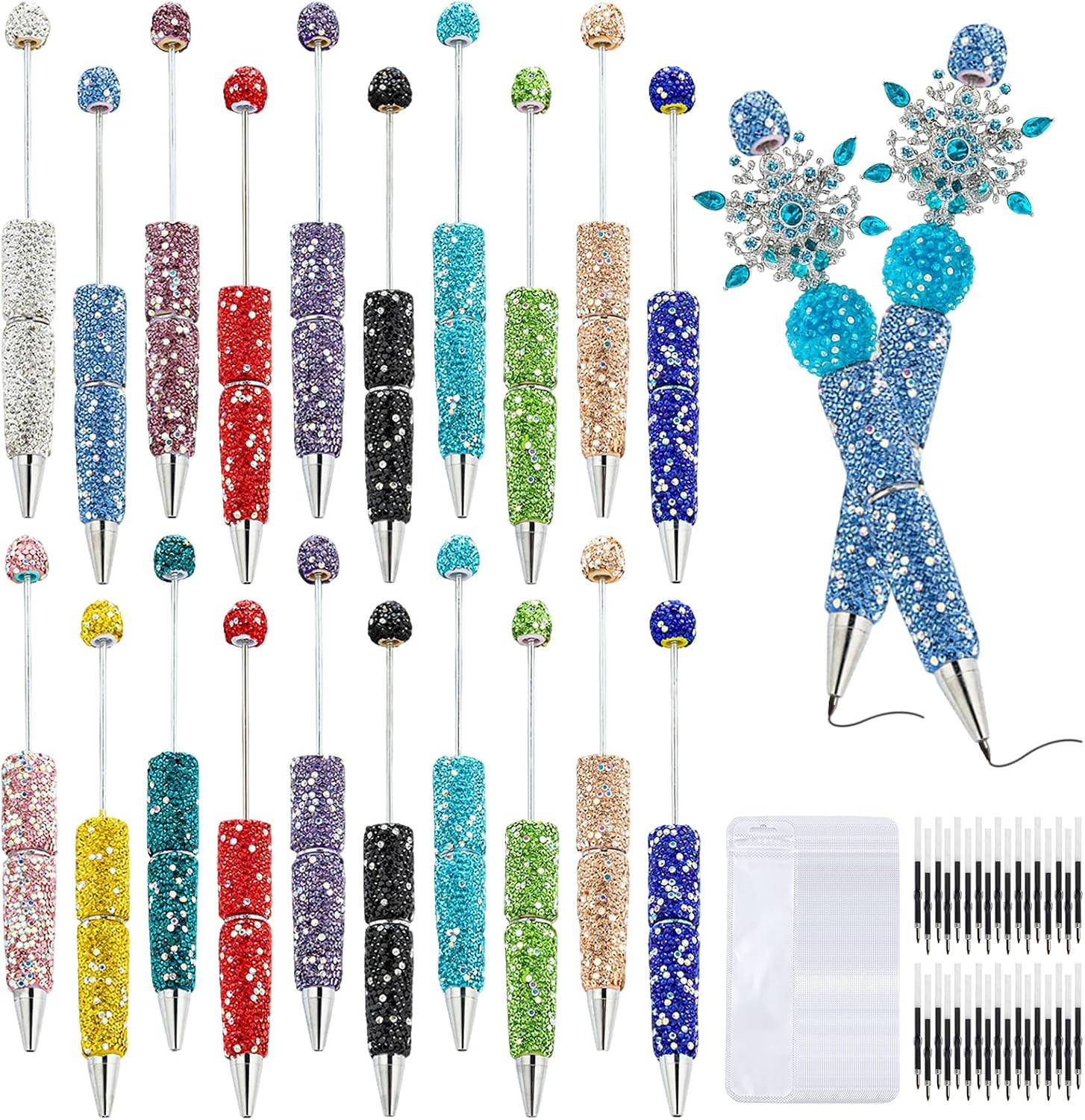 60 Pcs Rhinestone Beadable Pens Bulk Set – 20 Diamond Pens with Refills & Bags,