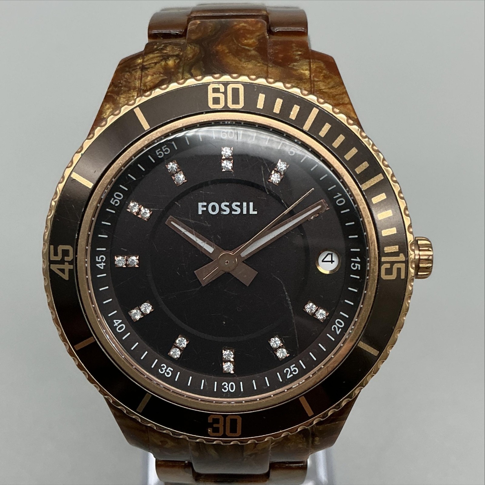 Fossil Stella ES-3088 Womens Watch 38mm Faux Tortoise Band New Battery 6.75\