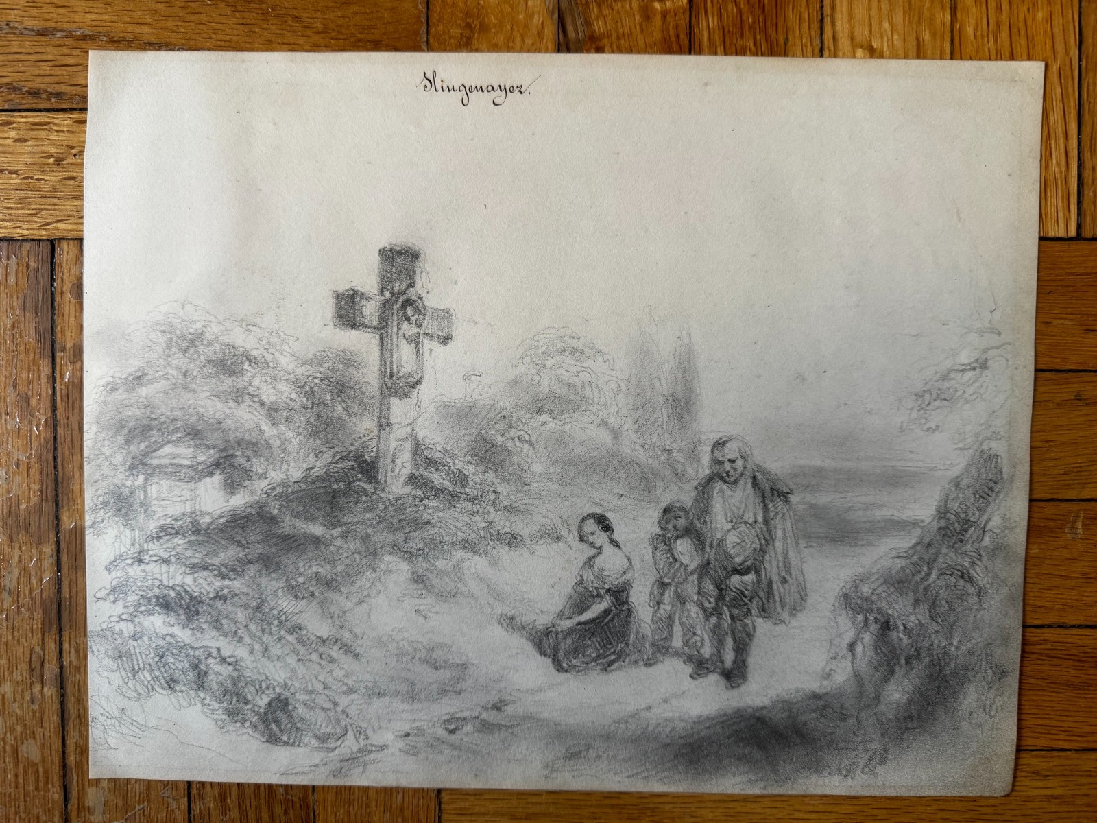 Antique 19th Century Graphite Drawing Pilgrims Cross Belgium Ernest Slingeneyer