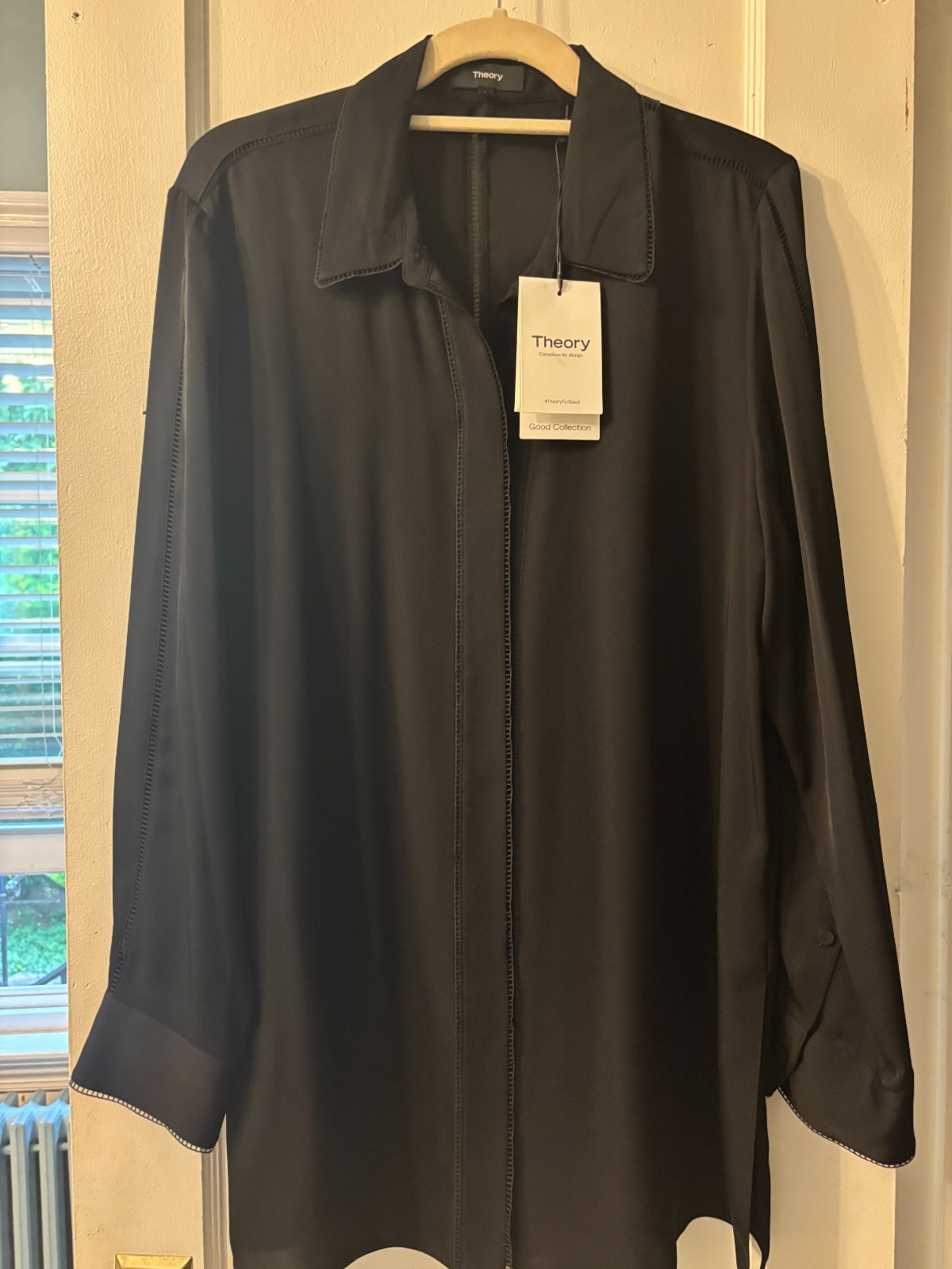 Theory Black Silk Tunic with open-weave contrast stitching throughout Theory Black Silk Tunic with open-weave contrast stitching throughout