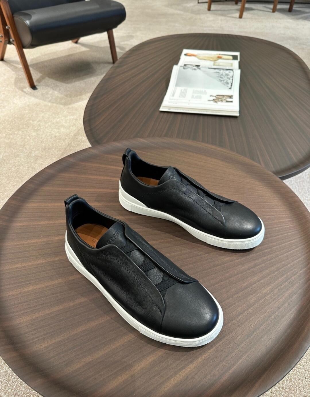 Zegna Triple Stitch Men\'s Low Top Slip-On Black Leather Sneakers Casual Shoes