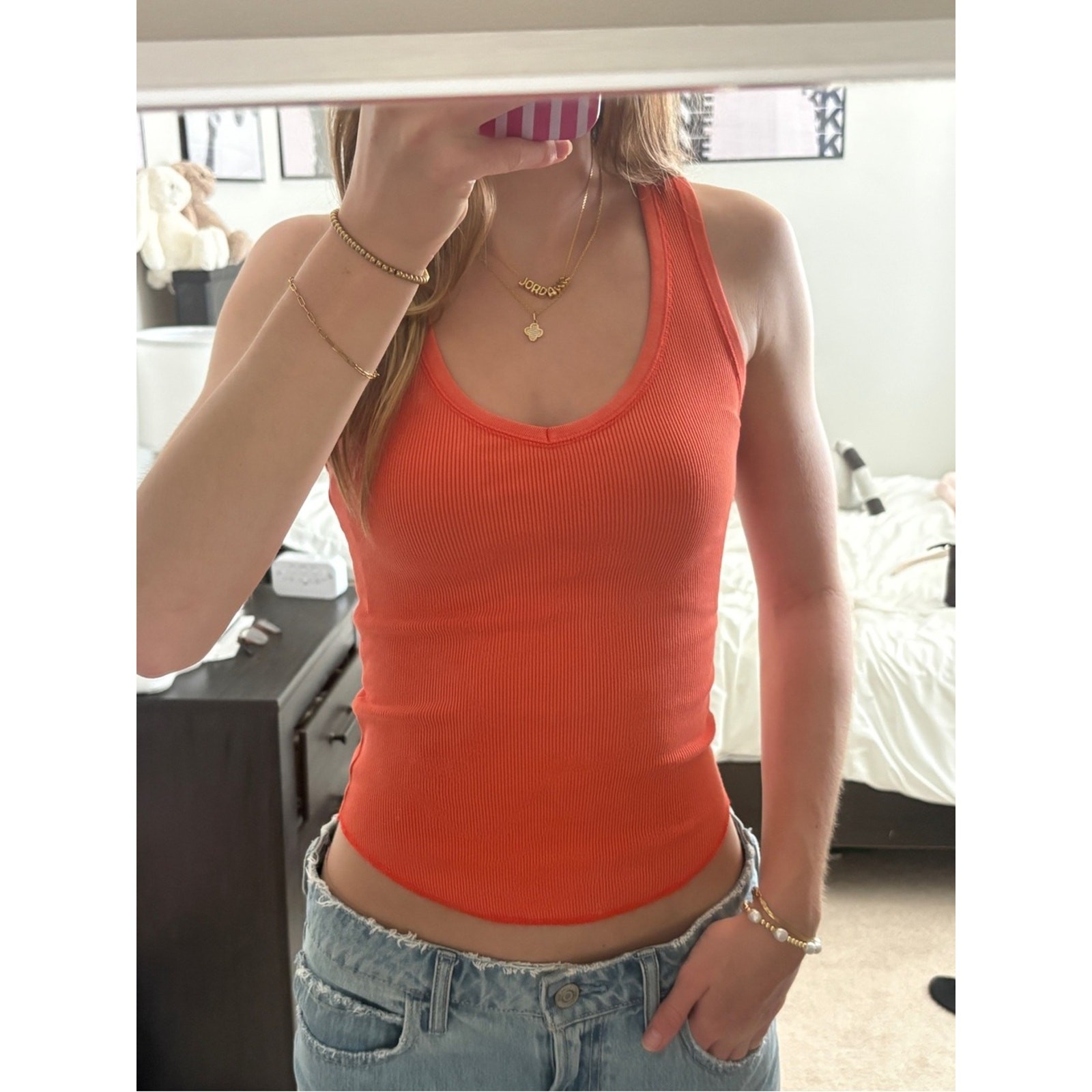 Aerie V-Neck Ribbed Tank Top in Orange Flare