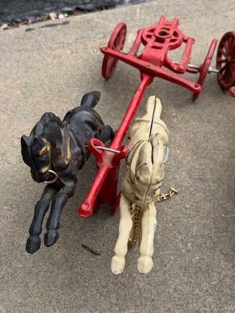 Vintage Cast Iron Horse Drawn Fire Wagon Toy w/ 3 Horses Hose Reel Ladder Cart