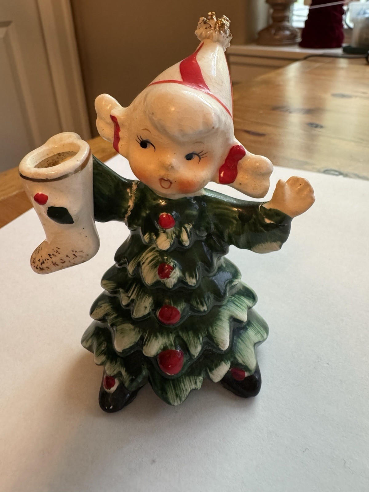 Vintage Lefton Ceramic Christmas Girl In Tree Dress With Stocking Vintage Lefton Ceramic Christmas Girl In Tree Dress With Stocking