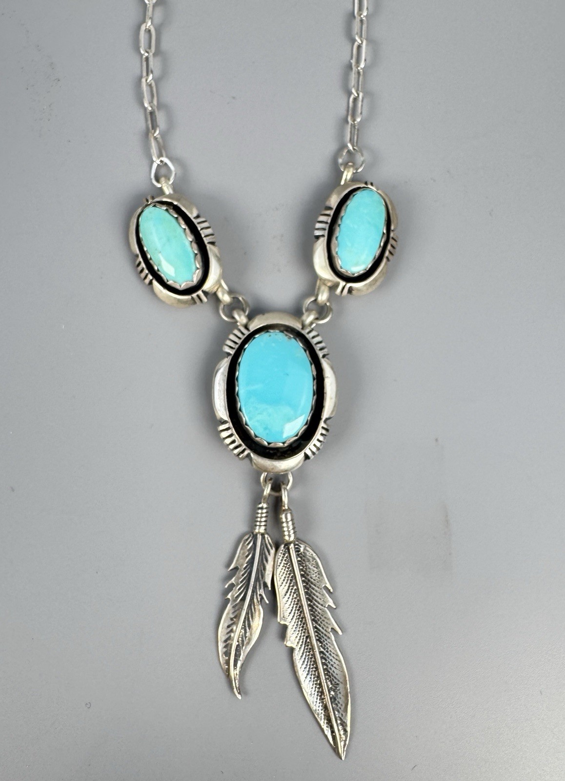 Leonard Marian Nez Navajo Sterling Silver Blue Turquoise Feather Necklace 16”