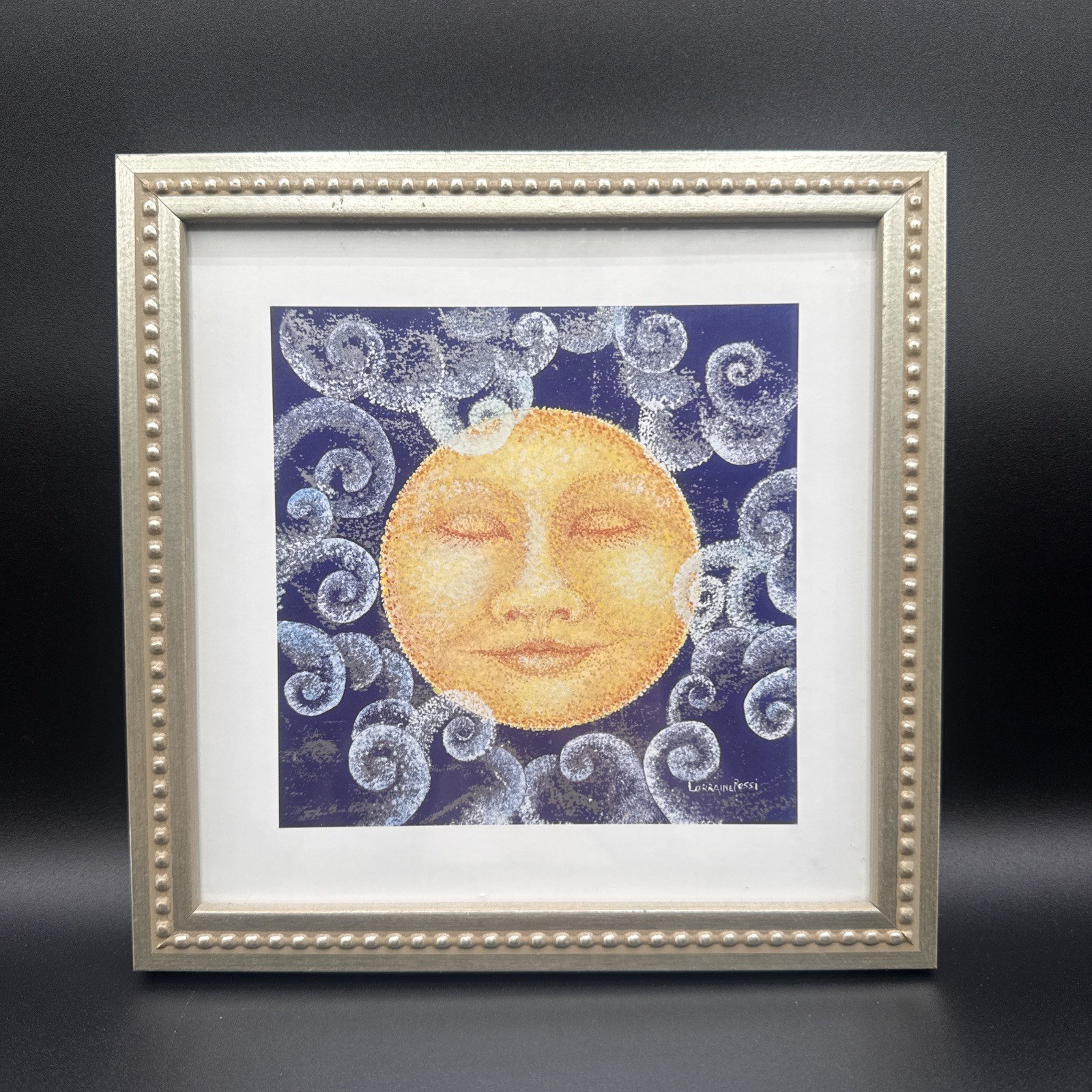 Vtg Lorraine Rossi Framed Celestial Print Full Moon Face Dreamy 90’s Boho