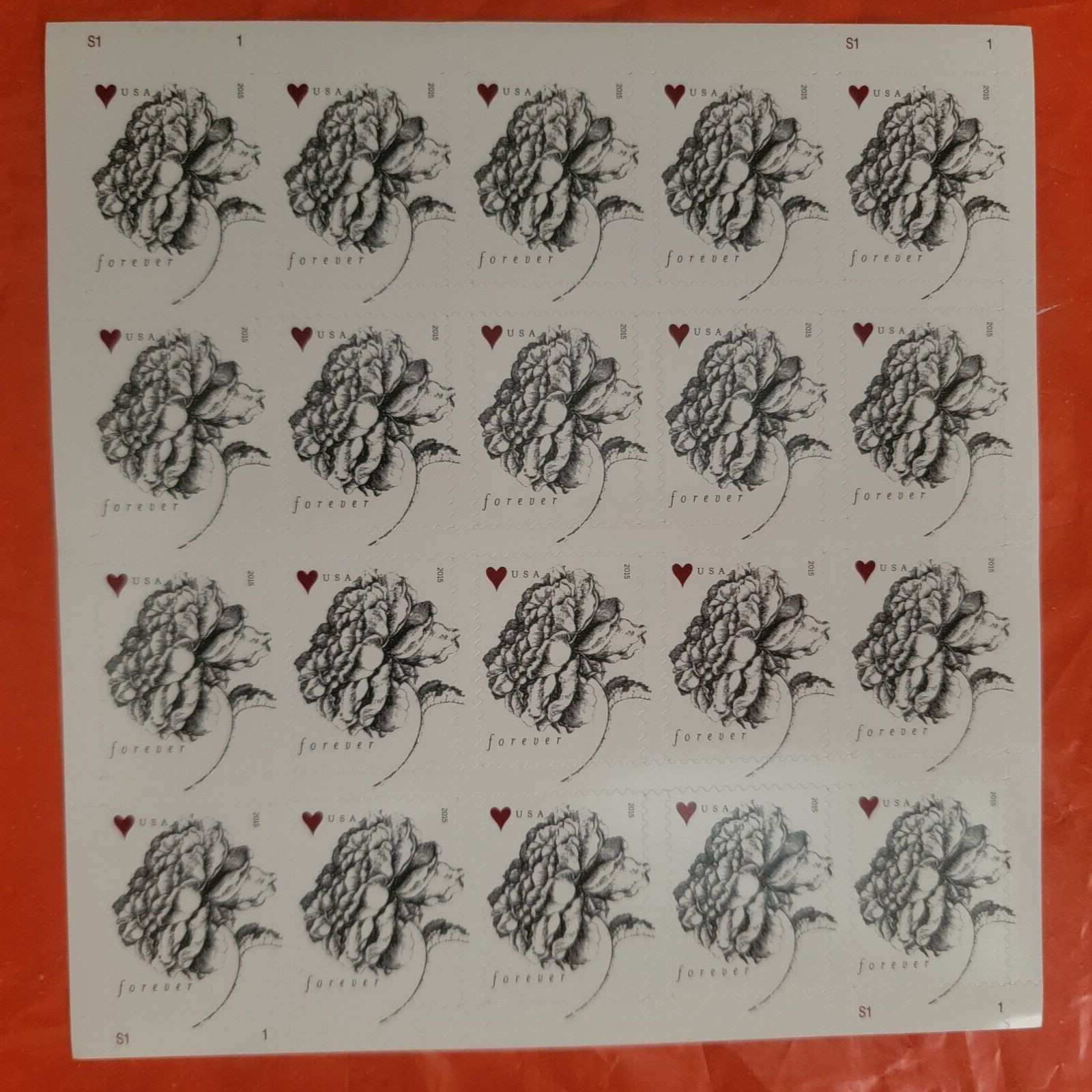 2015 Vintage Rose Pane of 20 Postage Stamps Wedding Stamps Scott 4959