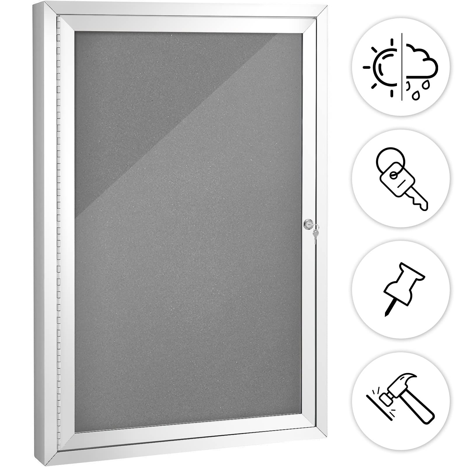 SWANCROWN Outdoor Lockable Gray Fabric Bulletin Board Shatter Resistant Displ...