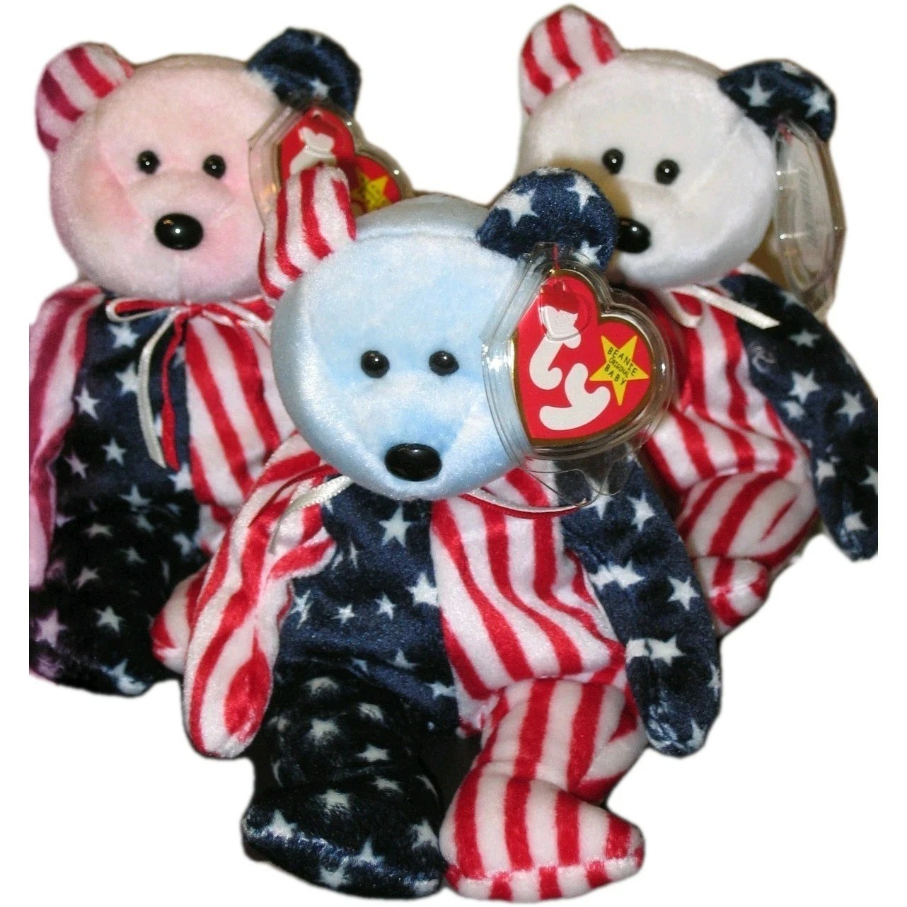 Ty Beanie Babies Set of 3 SPANGLE the Bears (Red/Pink, White & Blue Heads) MWMTs