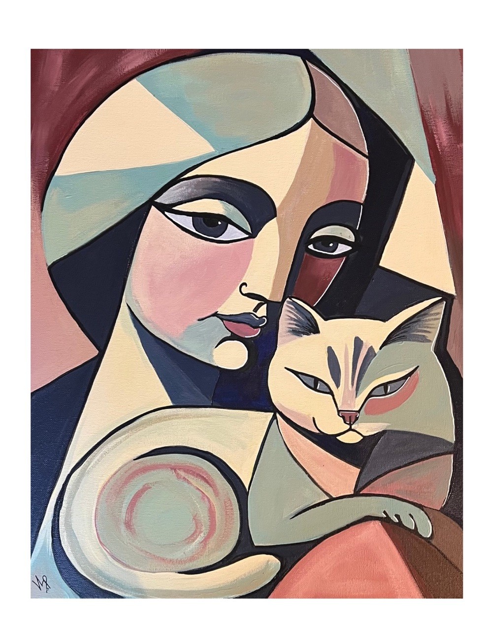 Woman & Cat Portrait VLP Original Contemporary Art OOAK Acrylic 16x20” Canvas