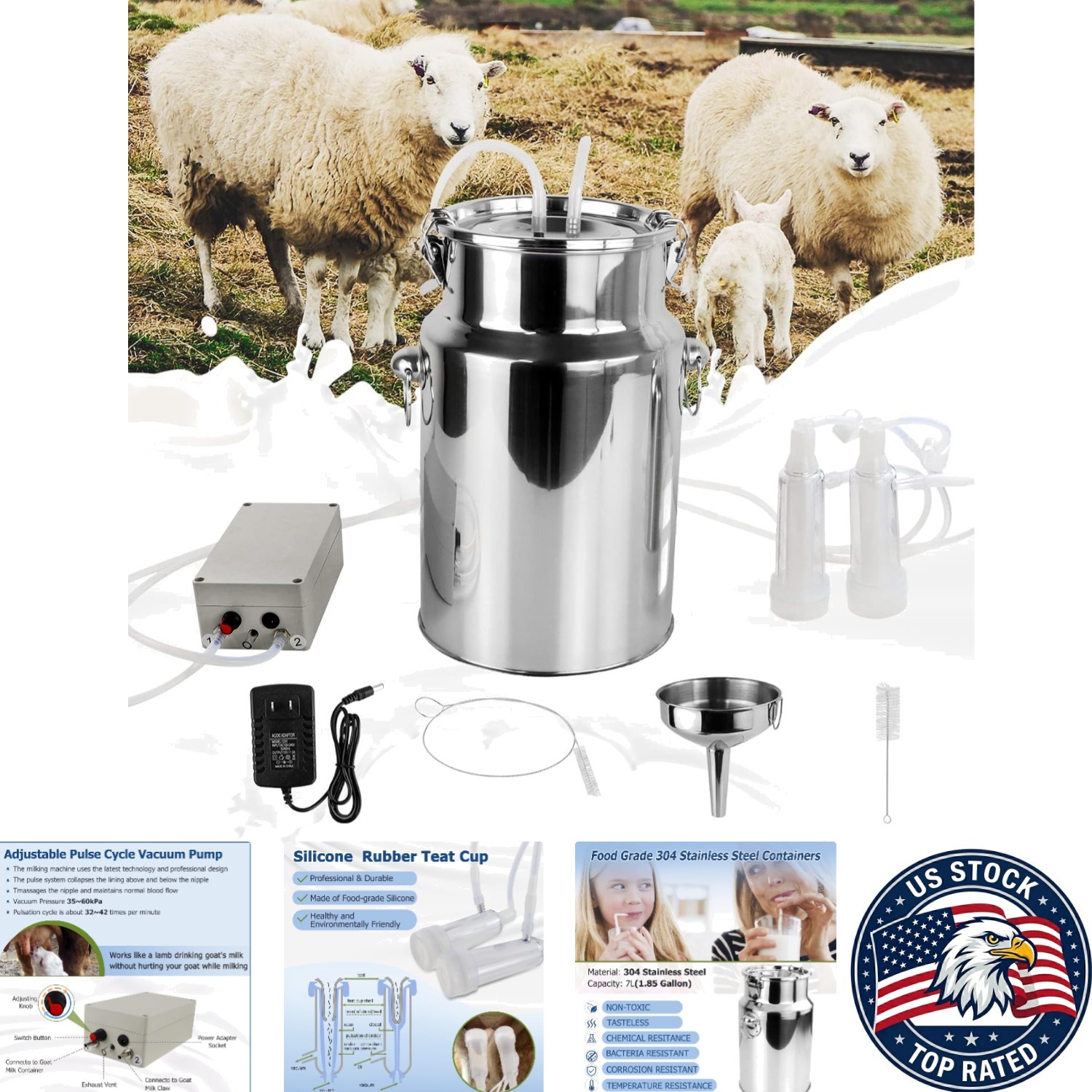 Portable 7L Stainless Steel Goat Milker - Efficient Pulsation & Safety Features