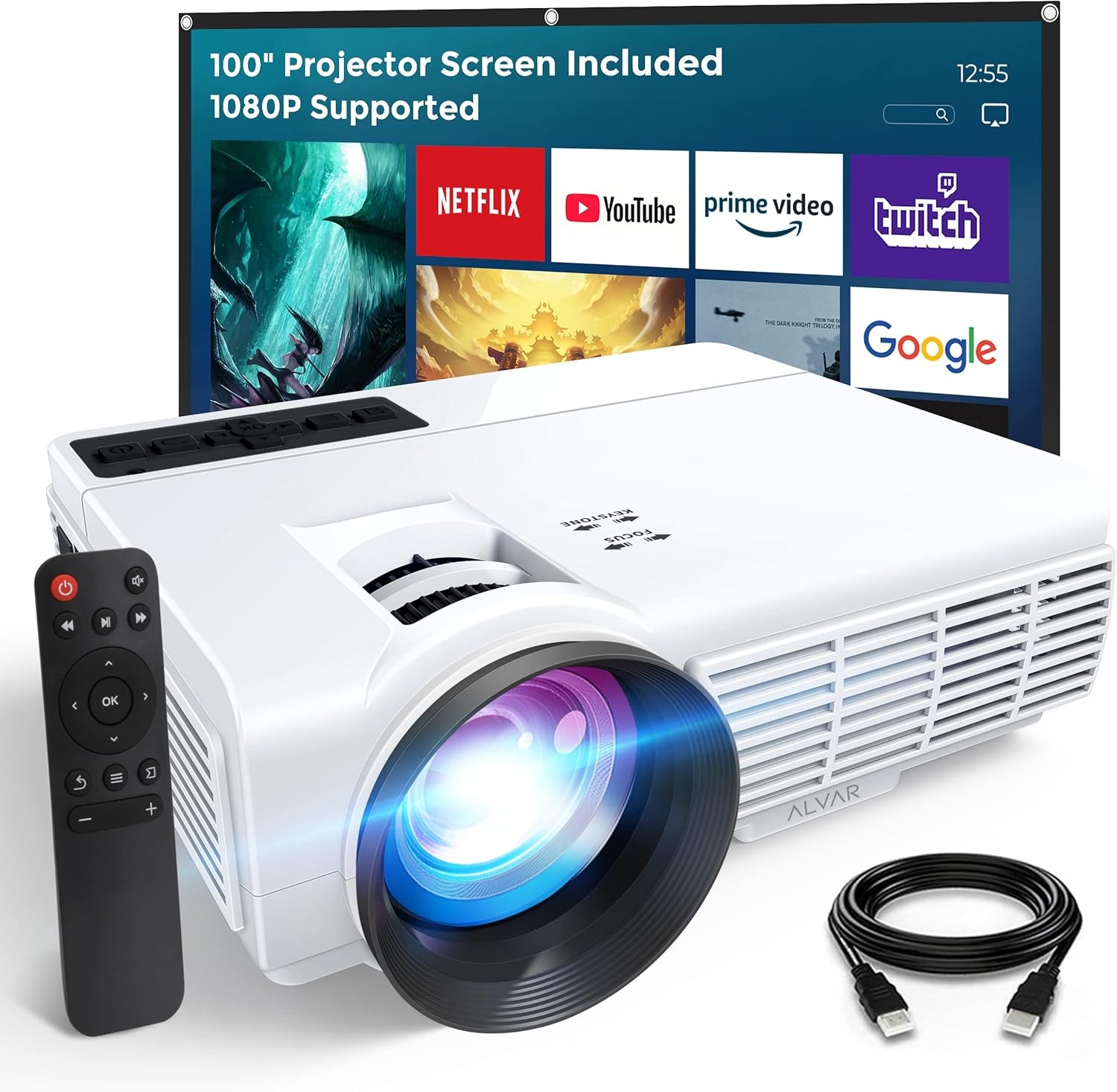 1080P HD Bluetooth Video Projector 8000Lumens Movie Home Theater w/ 100\'\' Screen