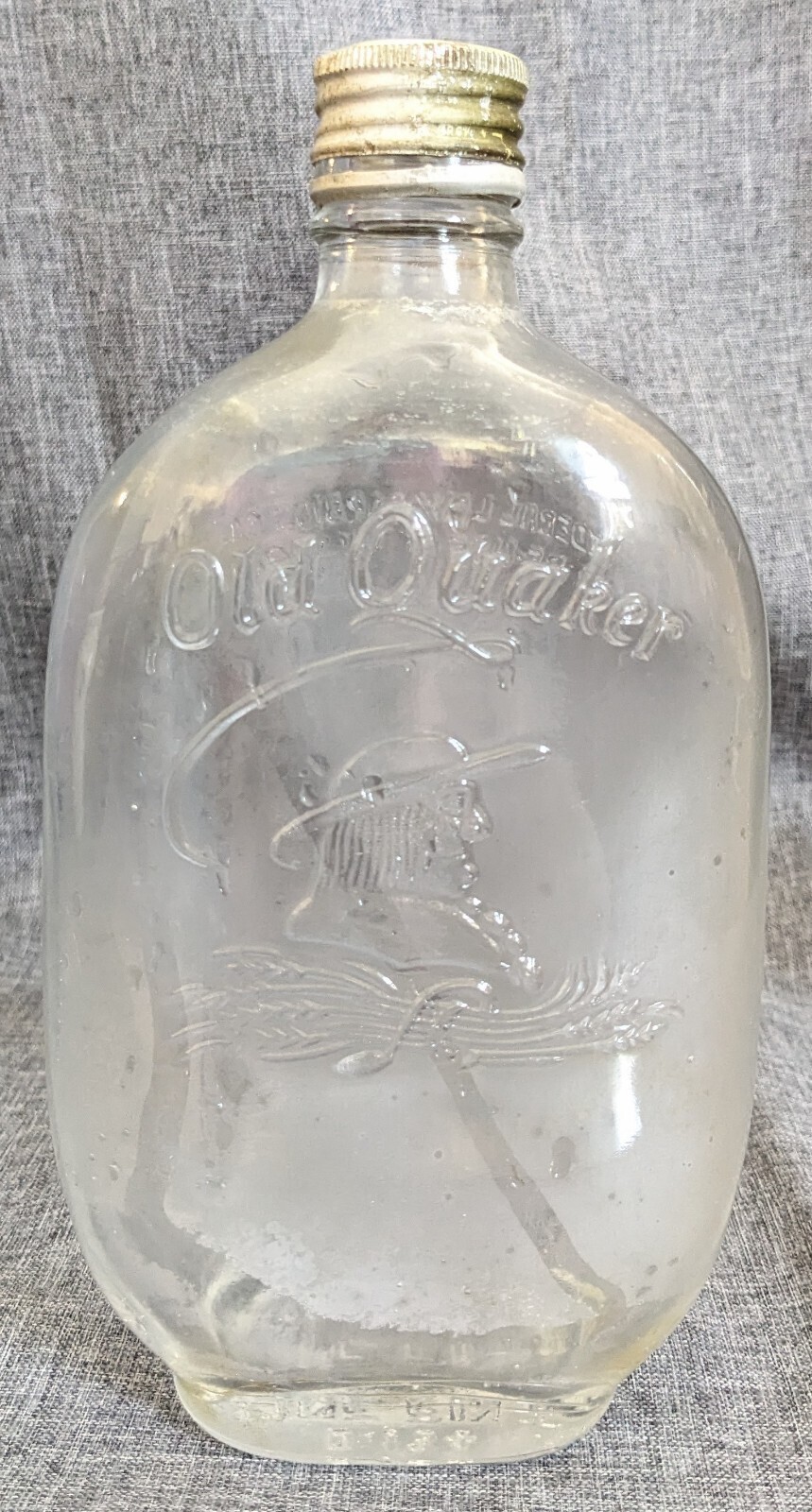 Vintage 1956 Old Quaker Whiskey Pint Flask Bottle Embossed Figural Glass & Cap Vintage 1956 Old Quaker Whiskey Pint Flask Bottle Embossed Figural Glass & Cap