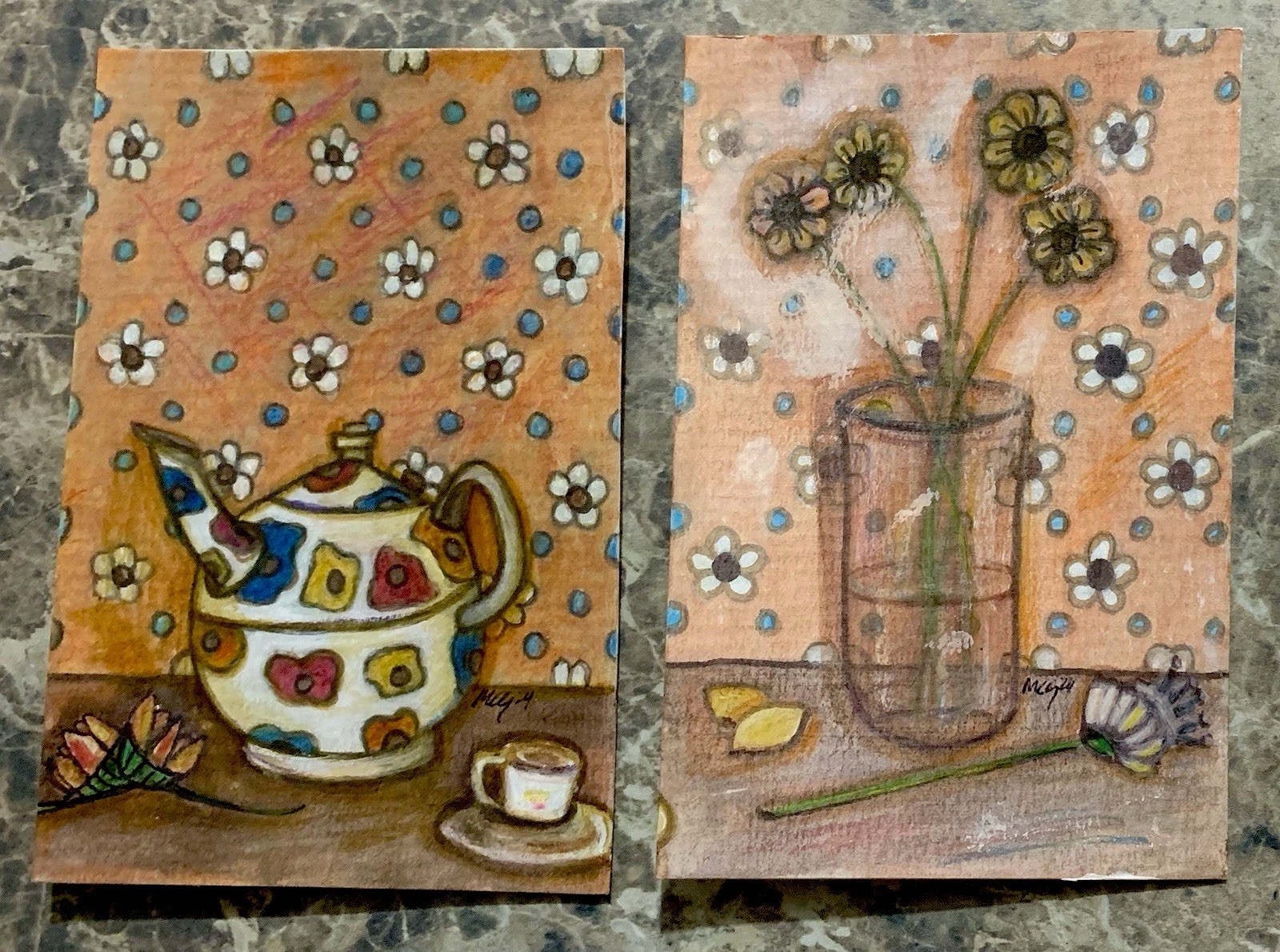 2- 6x4 Floral Paintings on paper colorful Folk Art signed acrylic 2- 6x4 Floral Paintings on paper colorful Folk Art signed acrylic
