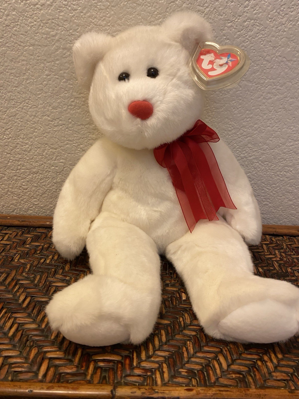 1999 Valentino Bear Beanie Buddies White with Red Nose, bow, & heart + tags 14” 1999 Valentino Bear Beanie Buddies White with Red Nose, bow, & heart + tags 14”