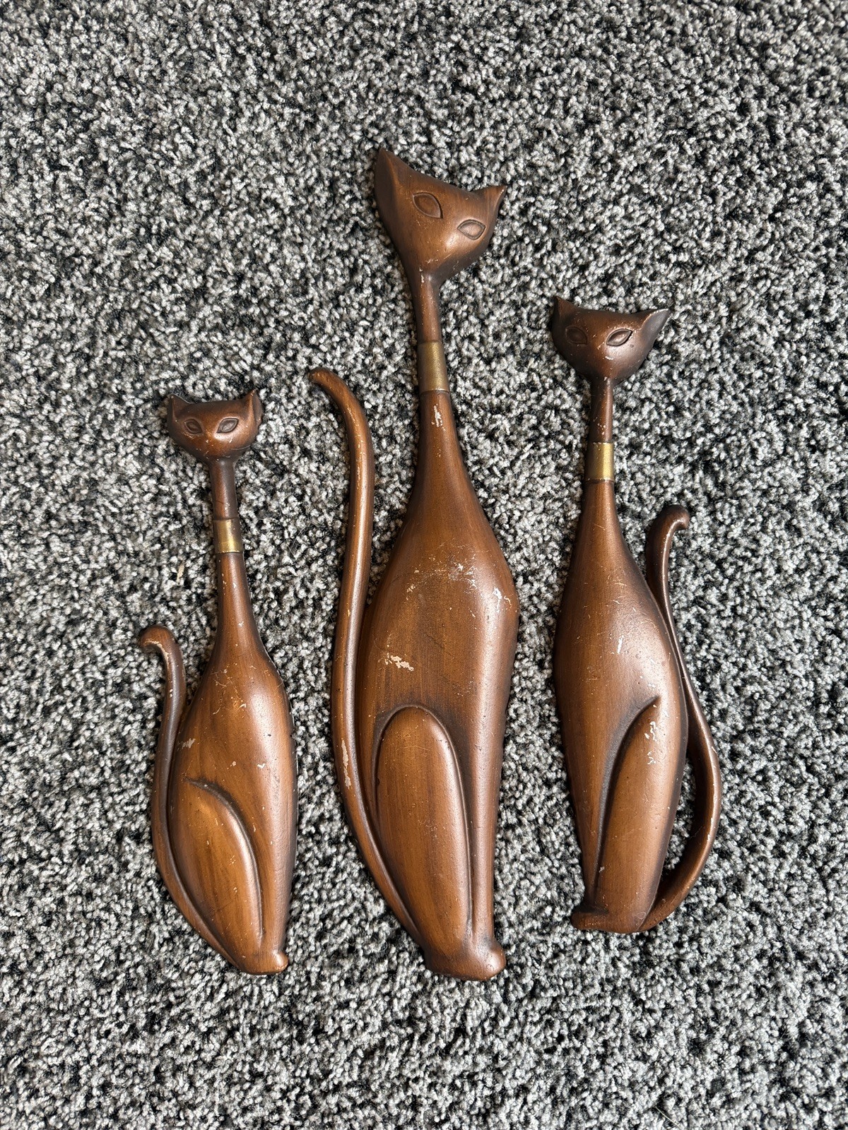 1960s MCM Sexton Set of 3 Brown Metal Wall Art Siamese Cats 19