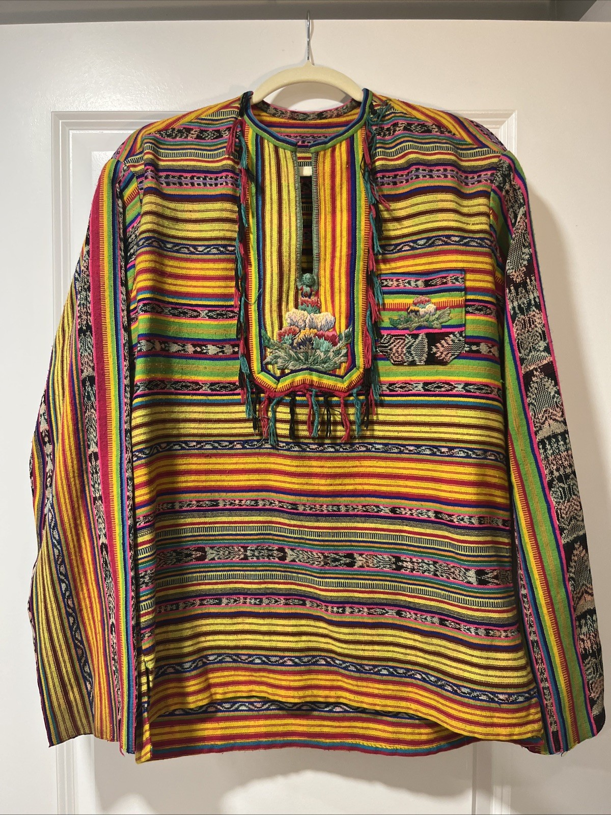 Vintage Guatemalan Huipil Top Shirt Hand Woven Embroidered Rainbow Stripe Fringe Vintage Guatemalan Huipil Top Shirt Hand Woven Embroidered Rainbow Stripe Fringe