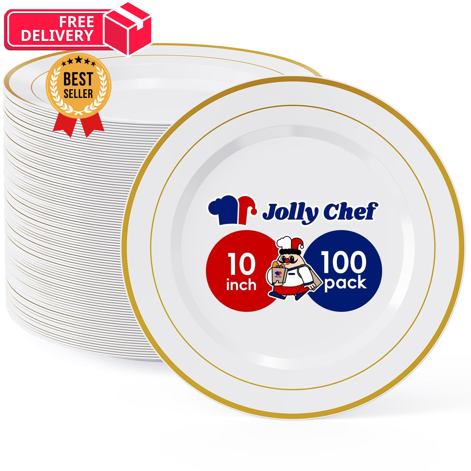 JOLLY CHEF 100 Pieces Gold Plastic Plates, 10 Inch Elegant 100-G,