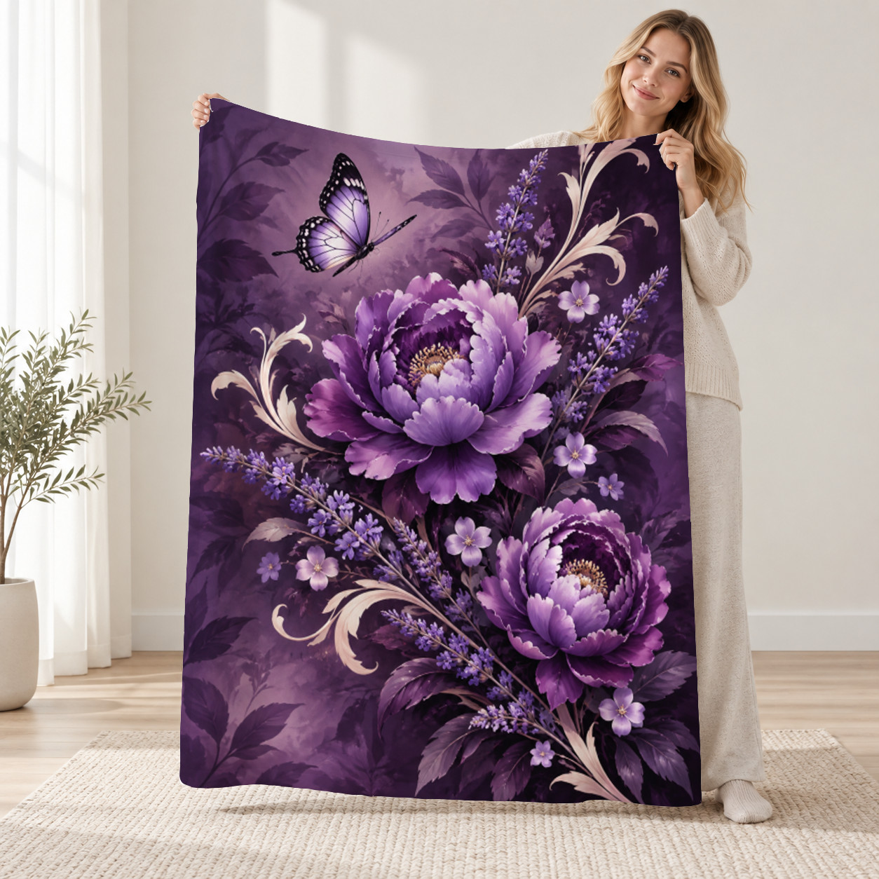Purple Peony Lavender Butterfly Coral Fleece Blanket Floral Decor